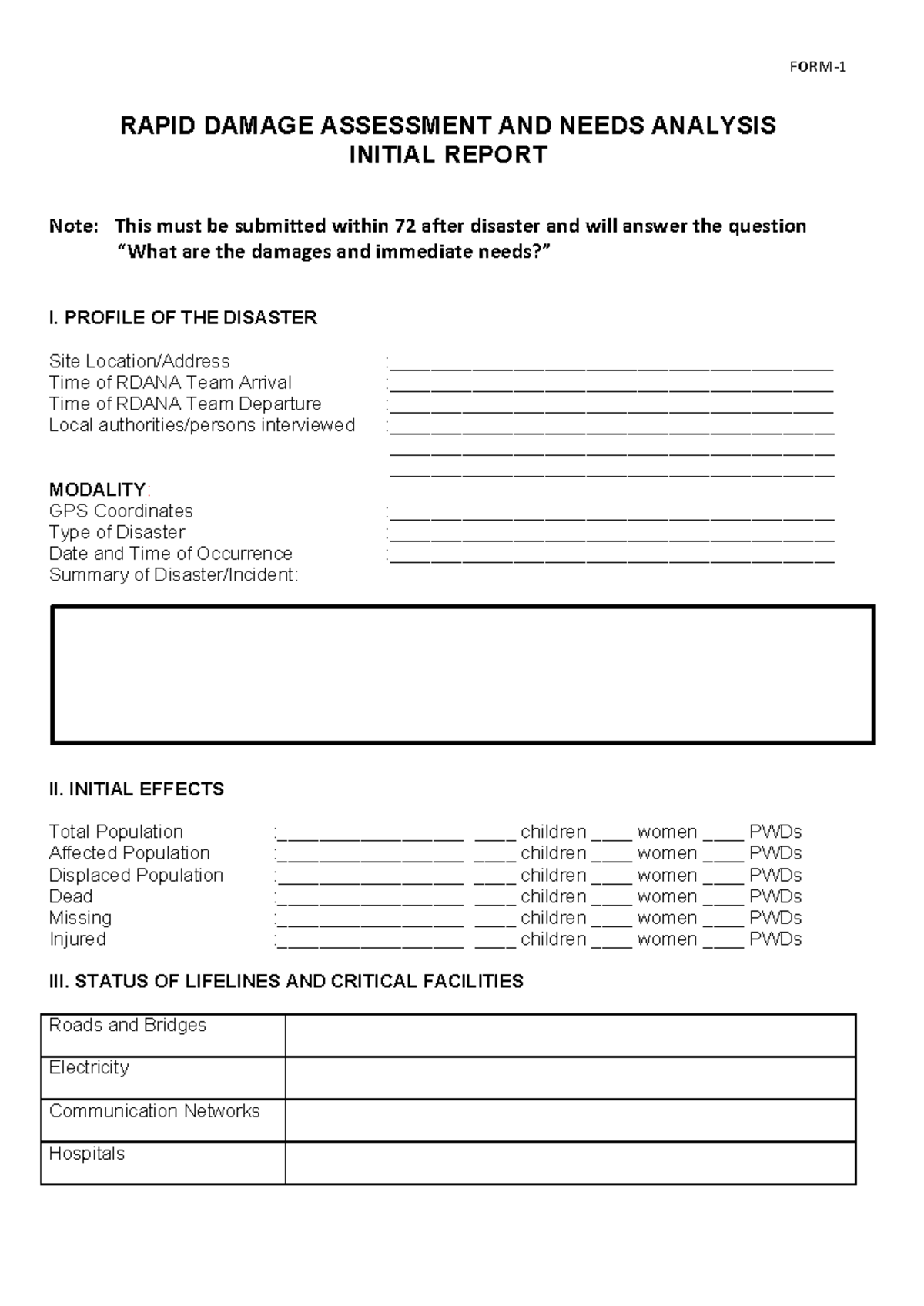 Rdana-Form-1 - Rapid Disaster Assessment & Needs Analysis Report - Studocu