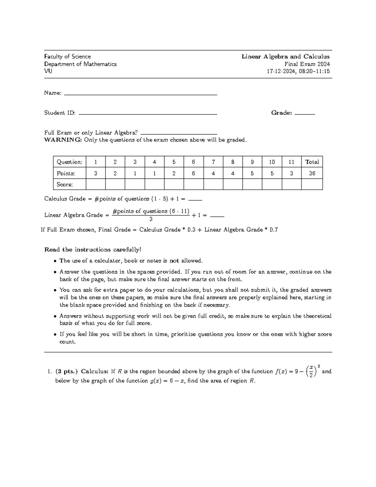 Linear Algebra and Calculus Final Exam 2024 - Full Exam Details ...