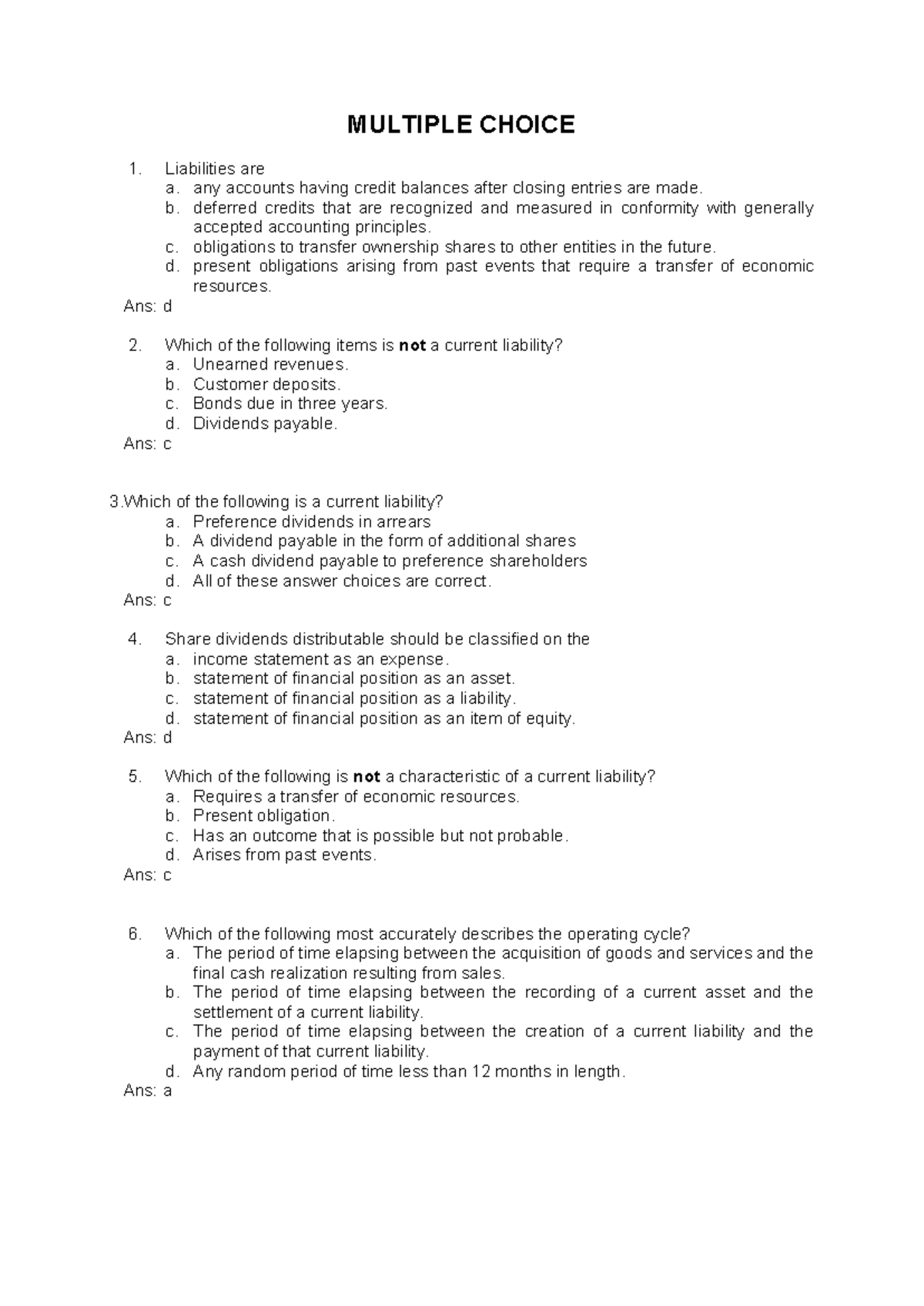 ACCT 101: Multiple Choice Questions on Liabilities and Current ...
