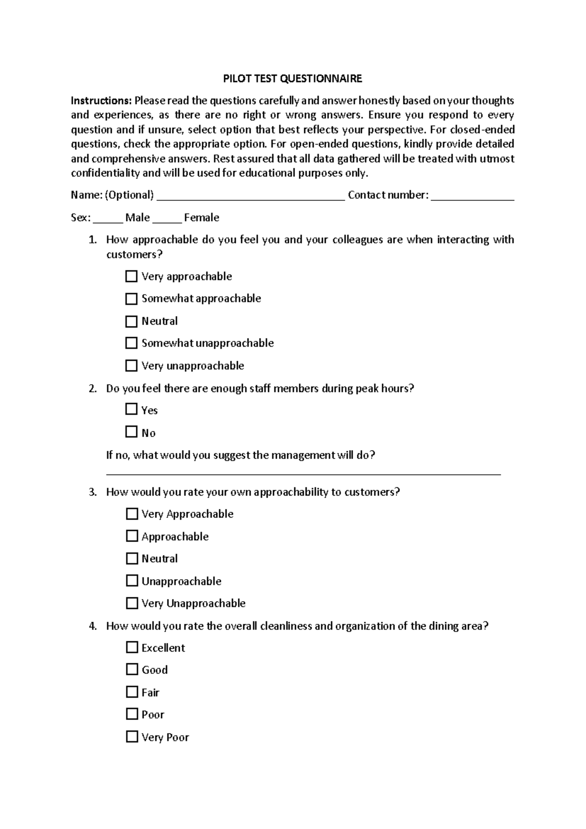 Pilot Test Questionnaire for Staff Feedback - Survey Insights - Studocu