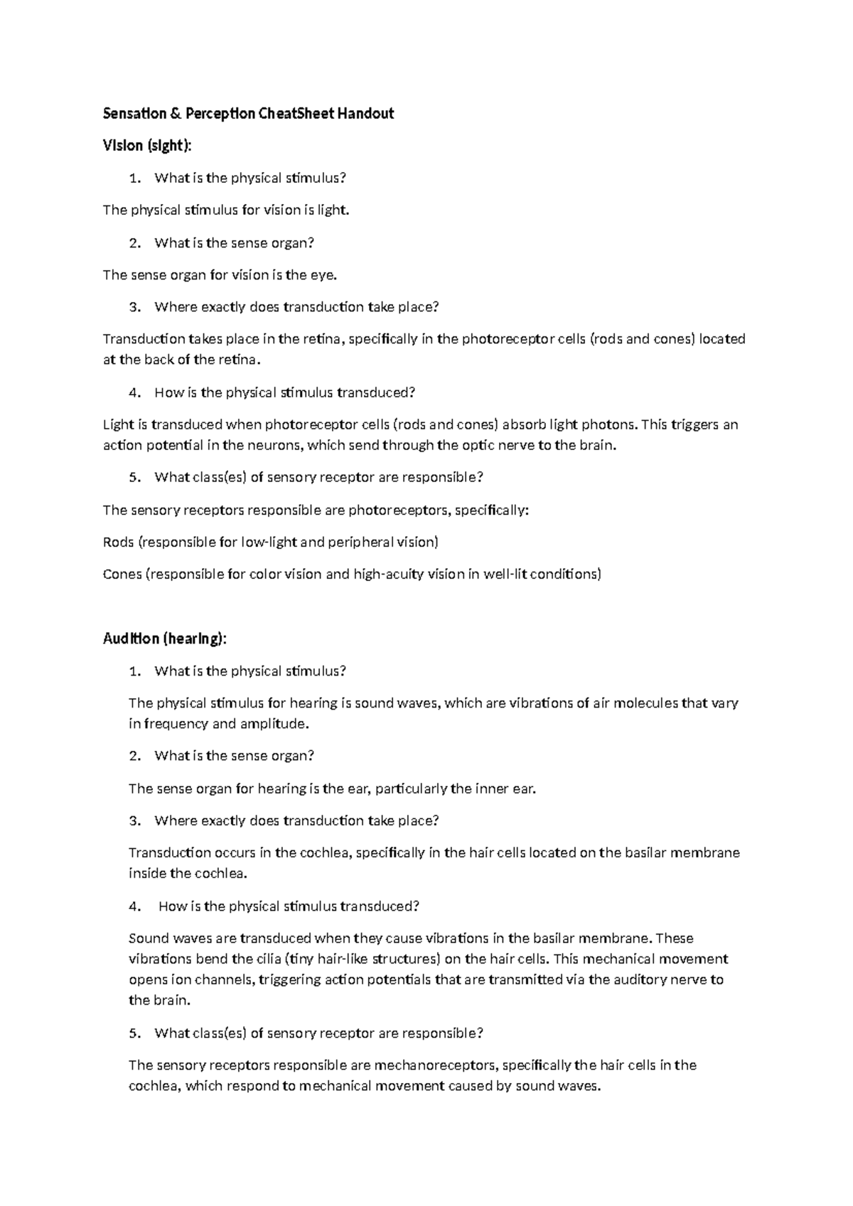 Psychology 101: Sensation & Perception Cheat Sheet Overview - Studocu
