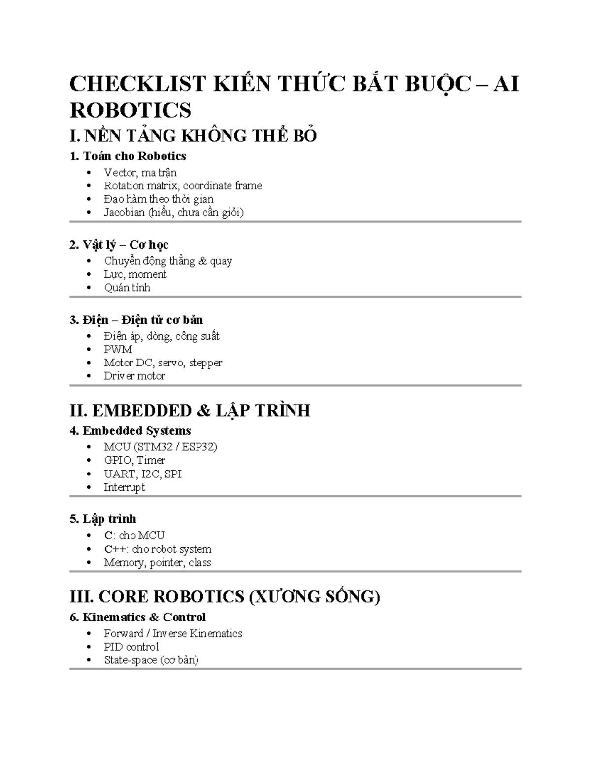 CHECKLIST KIẾN THỨC BẮT BUỘC – AI ROBOTICS - Studocu