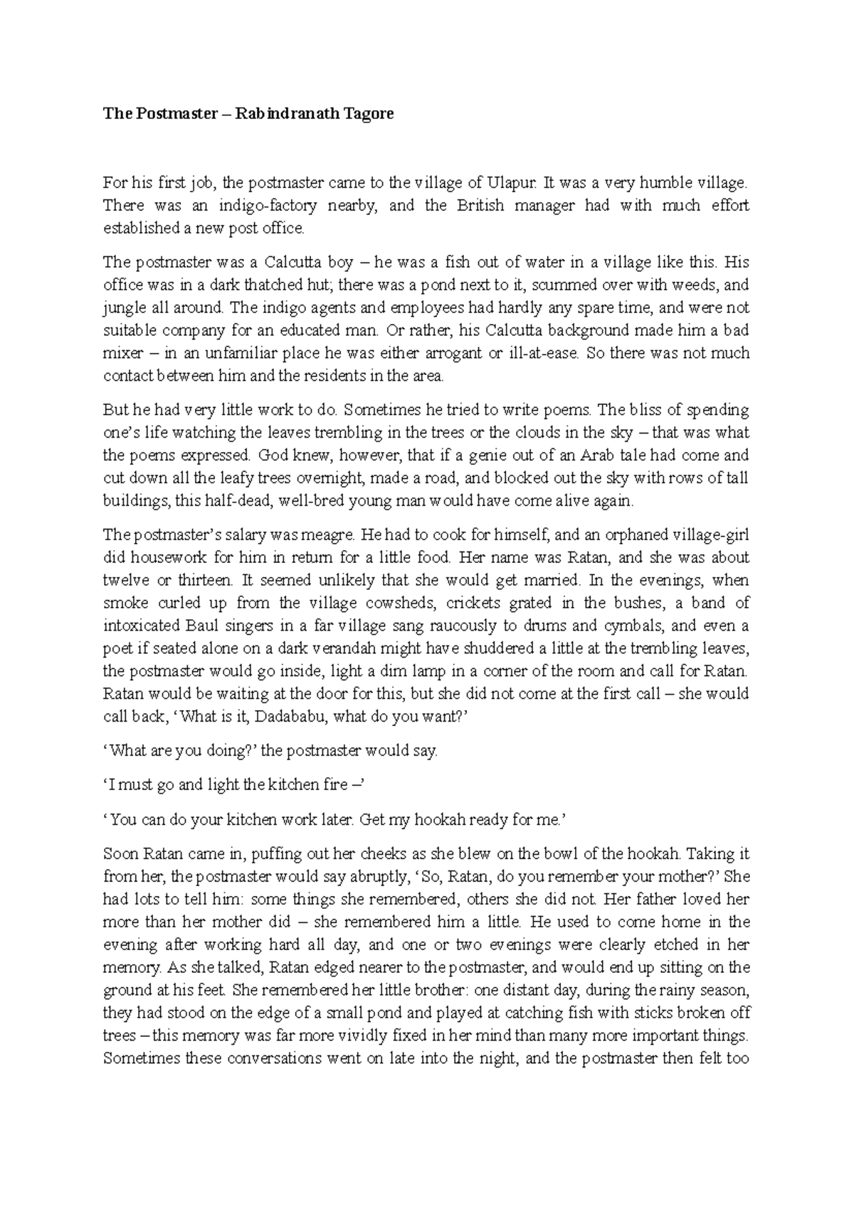 The Postmaster: A Study of Rabindranath Tagore's Short Story - Studocu