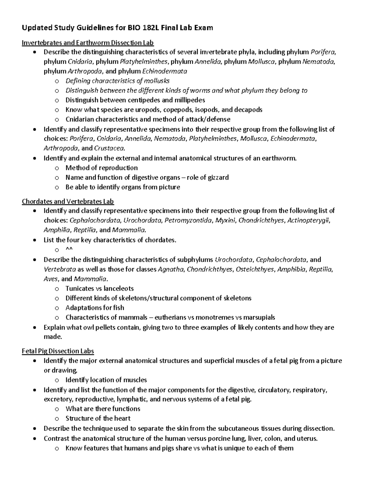 BIO 182L Final Lab Exam Study Guide: Invertebrates & Dissections - Studocu