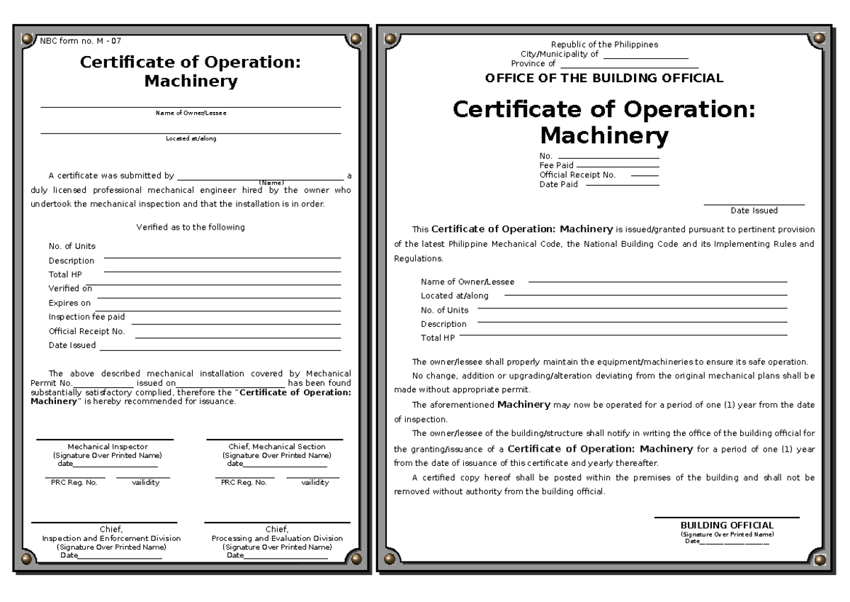 Certificate of Operation: Machinery - NBC Form No. M 07 - Studocu