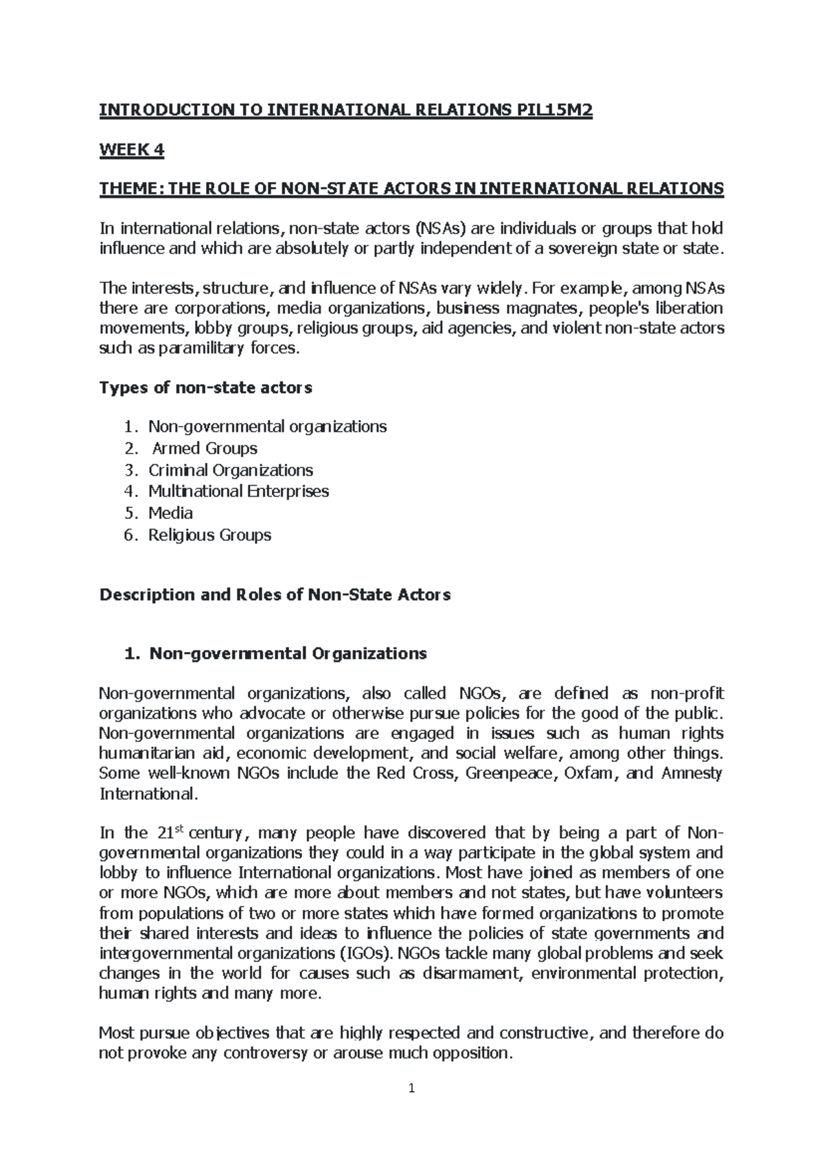 Week 4 IR Lecture Notes: Non-State Actors in International Relations ...