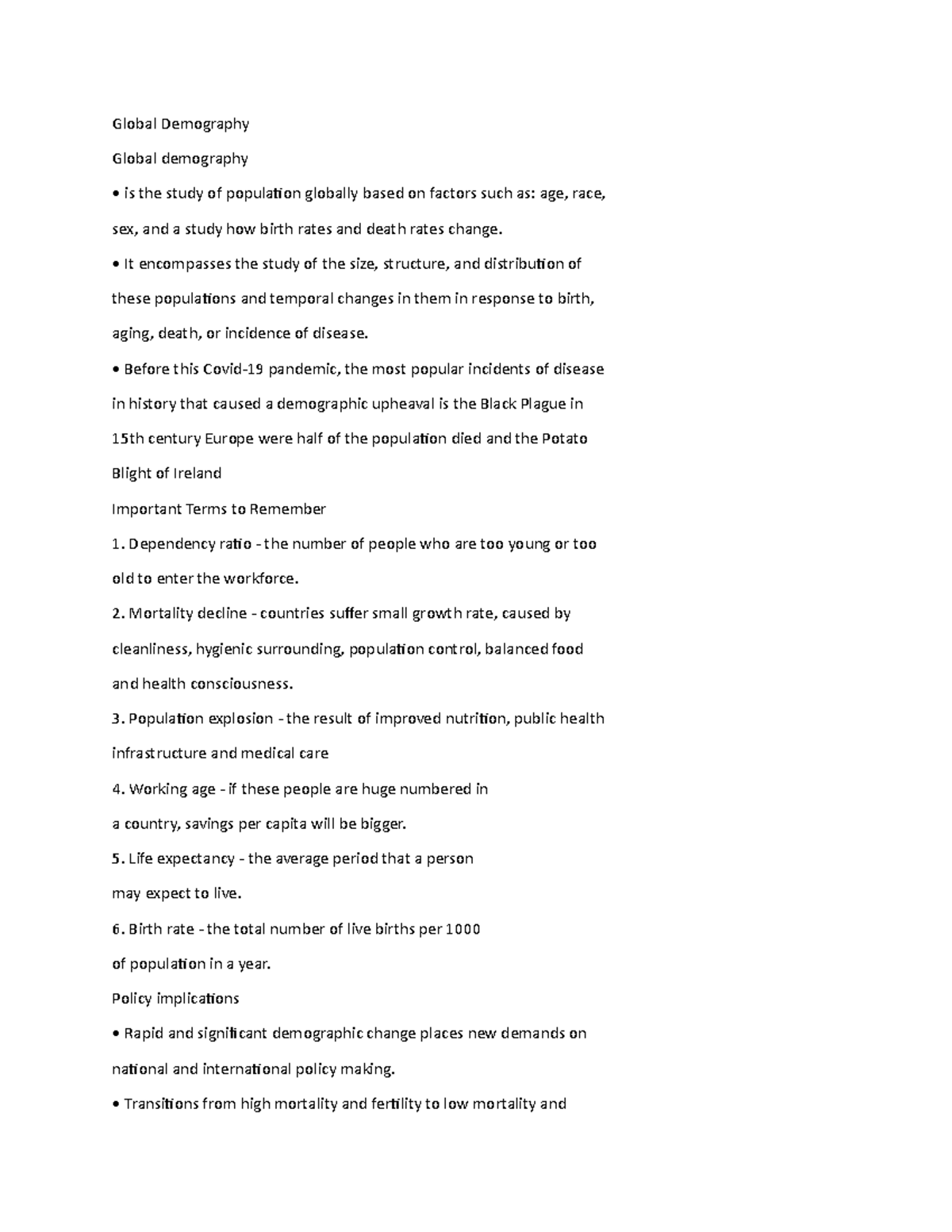 Global Demography - Lecture Notes 1: Key Concepts and Transitions - Studocu
