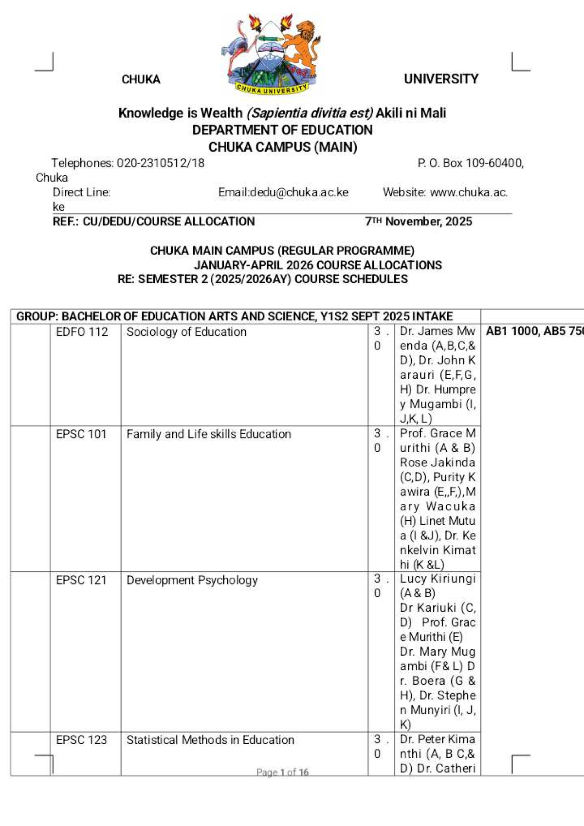 CHUKA UNIVERSITY 2026 Semester 2 Course Allocations for Education ...