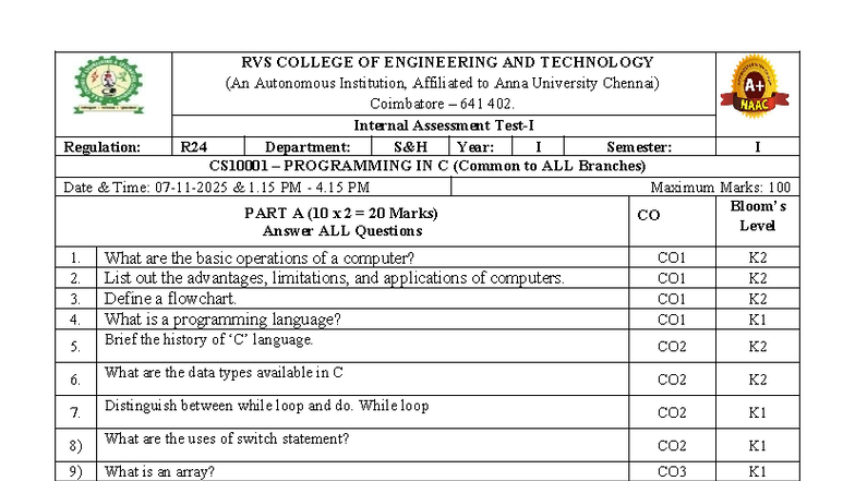Internal Test QP Set 1 - Programming in C (RVS 1st Sem) - Studocu