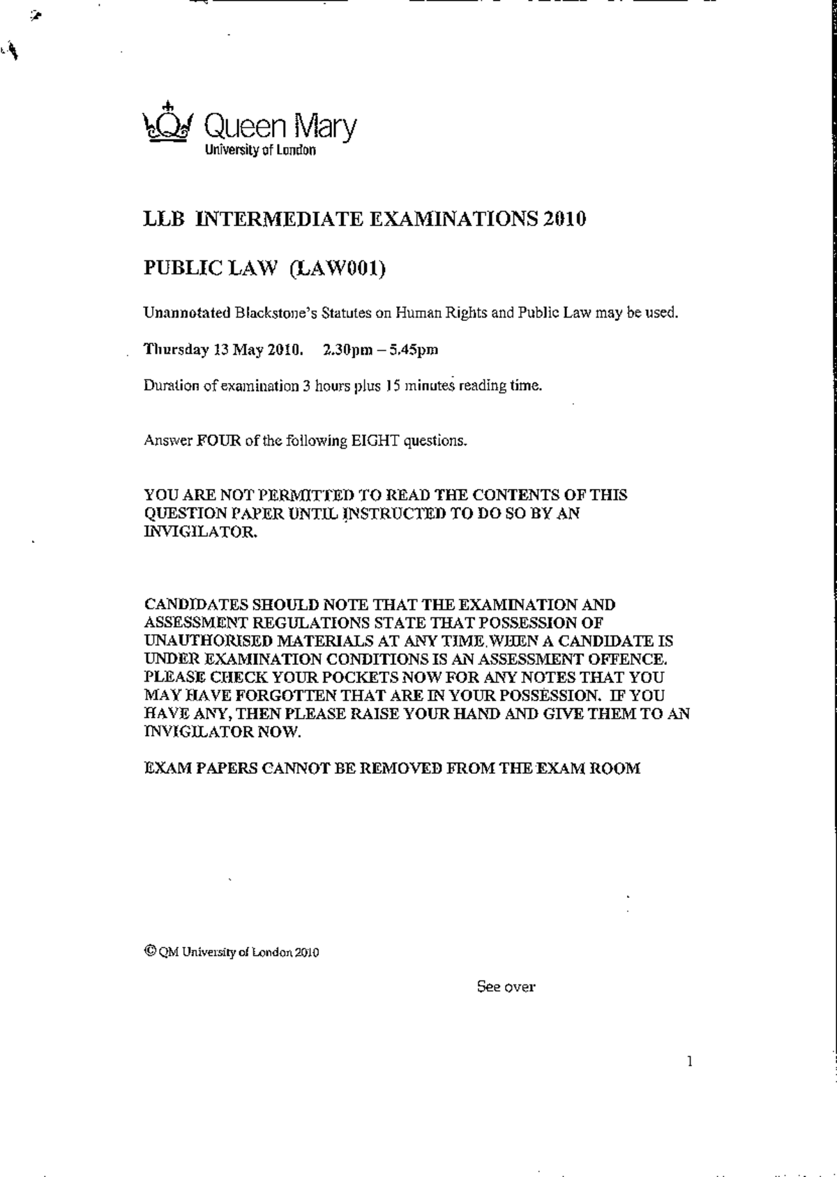 2010 - LAW001 Public Law Final Exam Paper with Sample Questions - Studocu