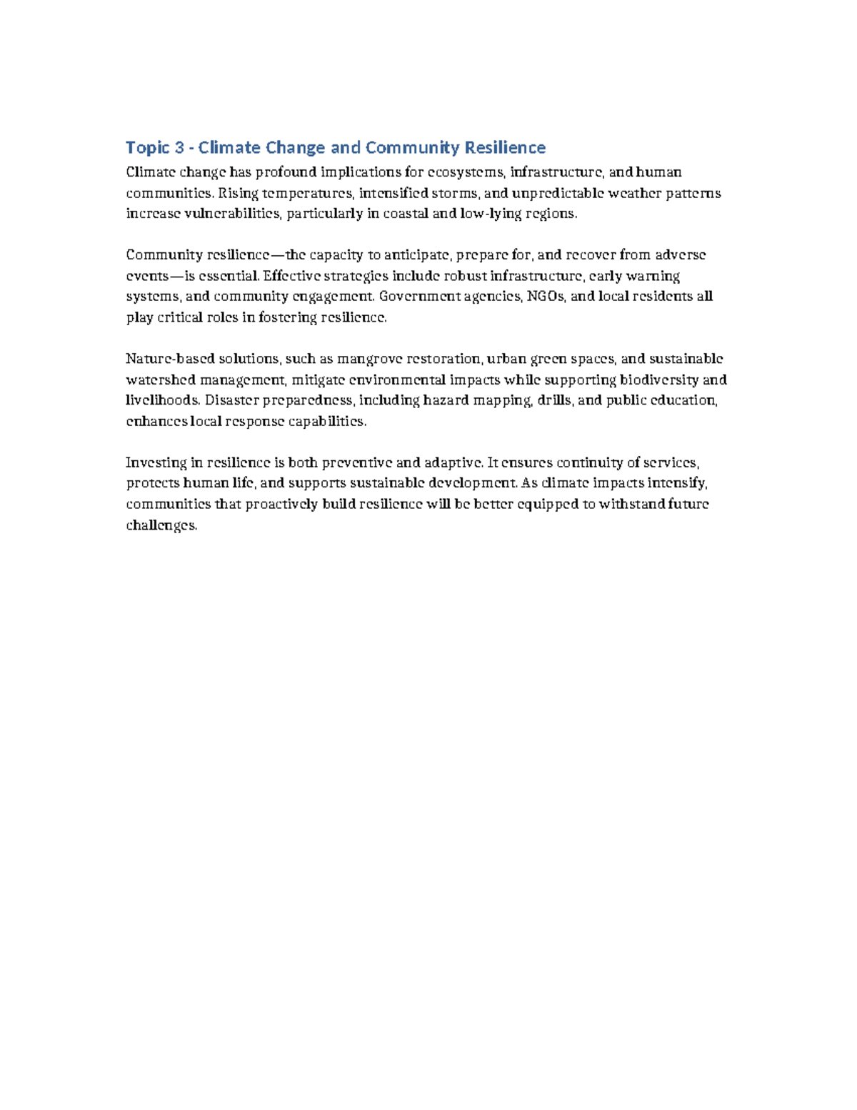 Topic 3: Climate Change & Community Resilience Strategies - Studocu