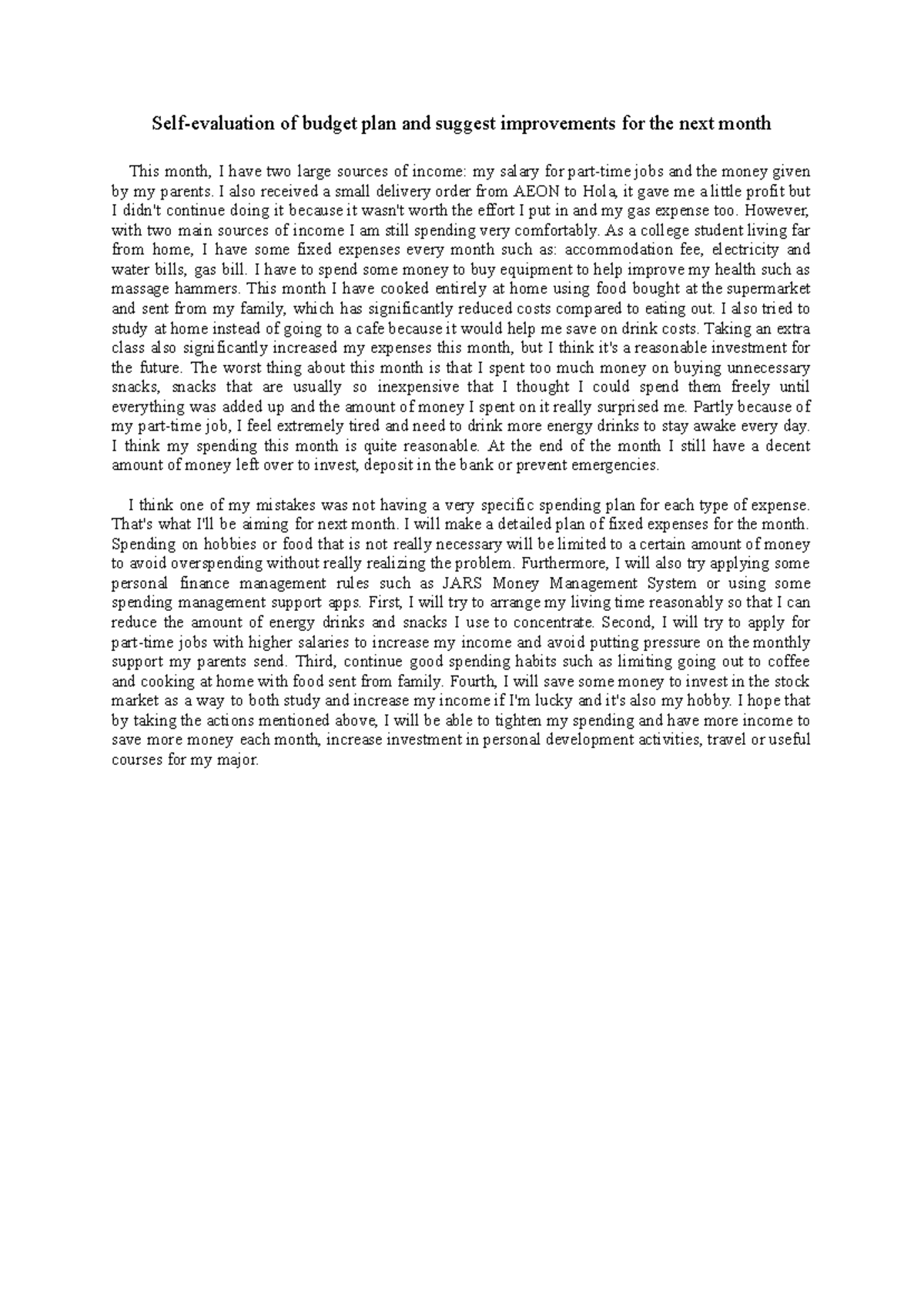 Self-evaluation of budget plan and suggest improvements for the next ...
