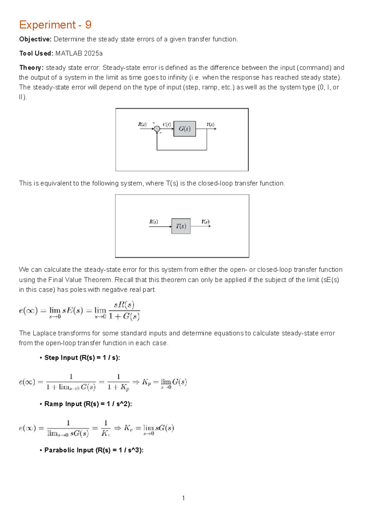 Experiment 9: Steady State Error Analysis Using MATLAB - Studocu