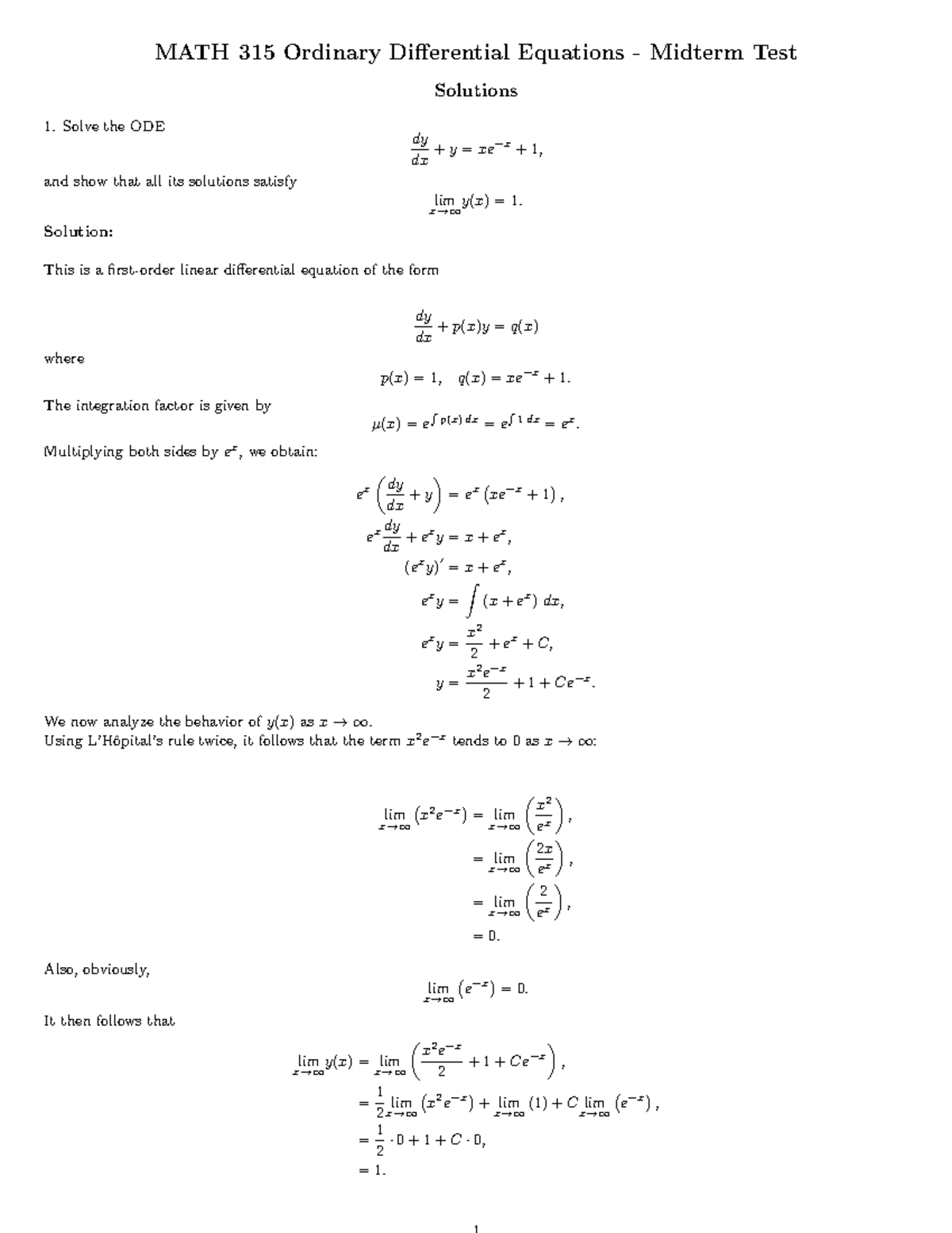 MATH 315 Ordinary Differential Equations Midterm Solutions - Studocu