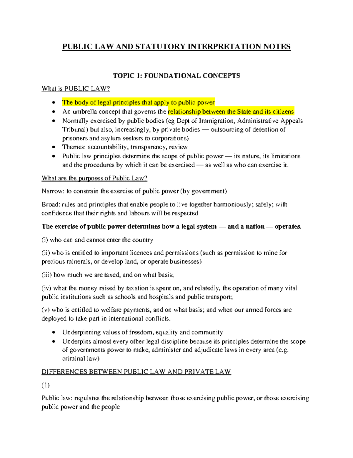 AUS GOV notes - PUBLIC LAW AND STATUTORY INTERPRETATION NOTES TOPIC 1 ...