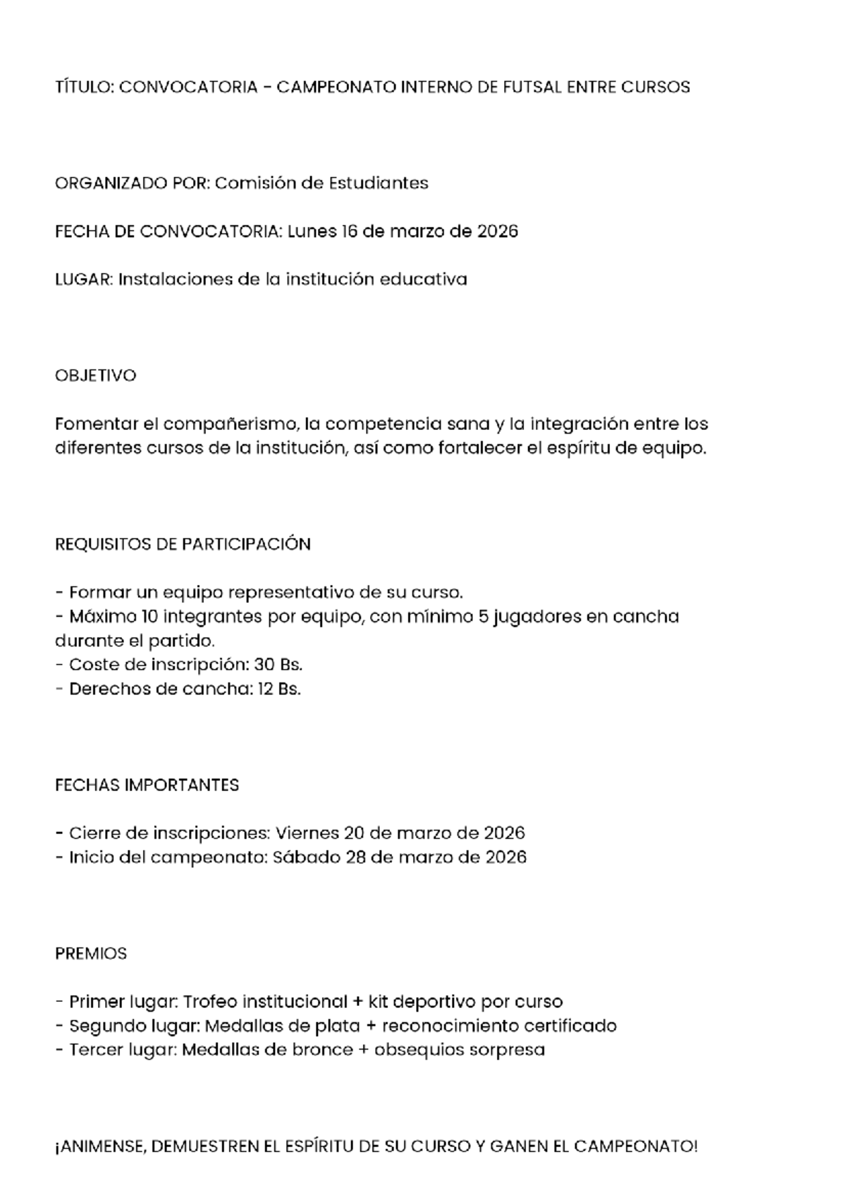 Convocatoria Campeonato Futsal 2026 - Comision de Estudiantes - Studocu
