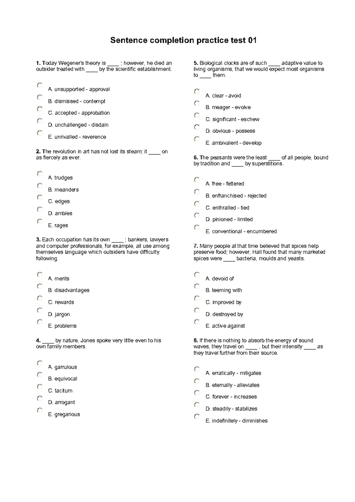 Sentence Completion Practice Test 01: Academic Exercises - Studocu