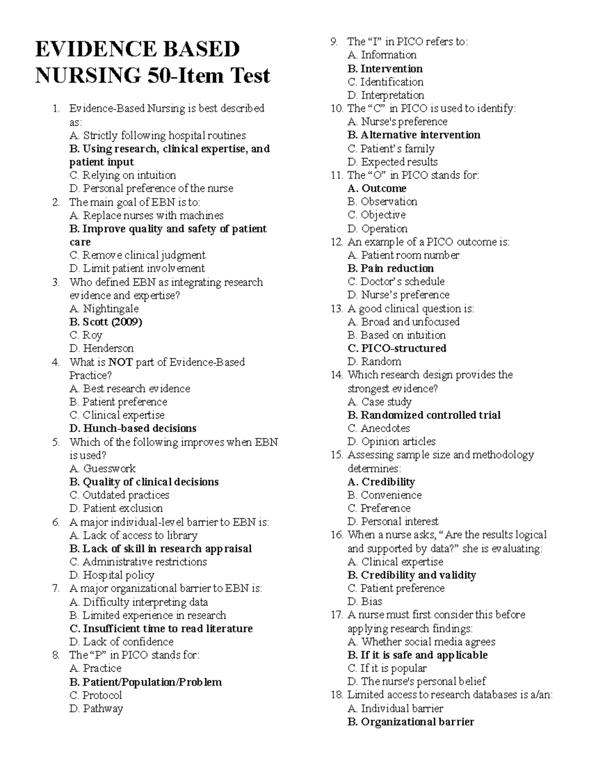 EVIDENCE BASED NURSING Test 1 Review and Key Concepts - Studocu