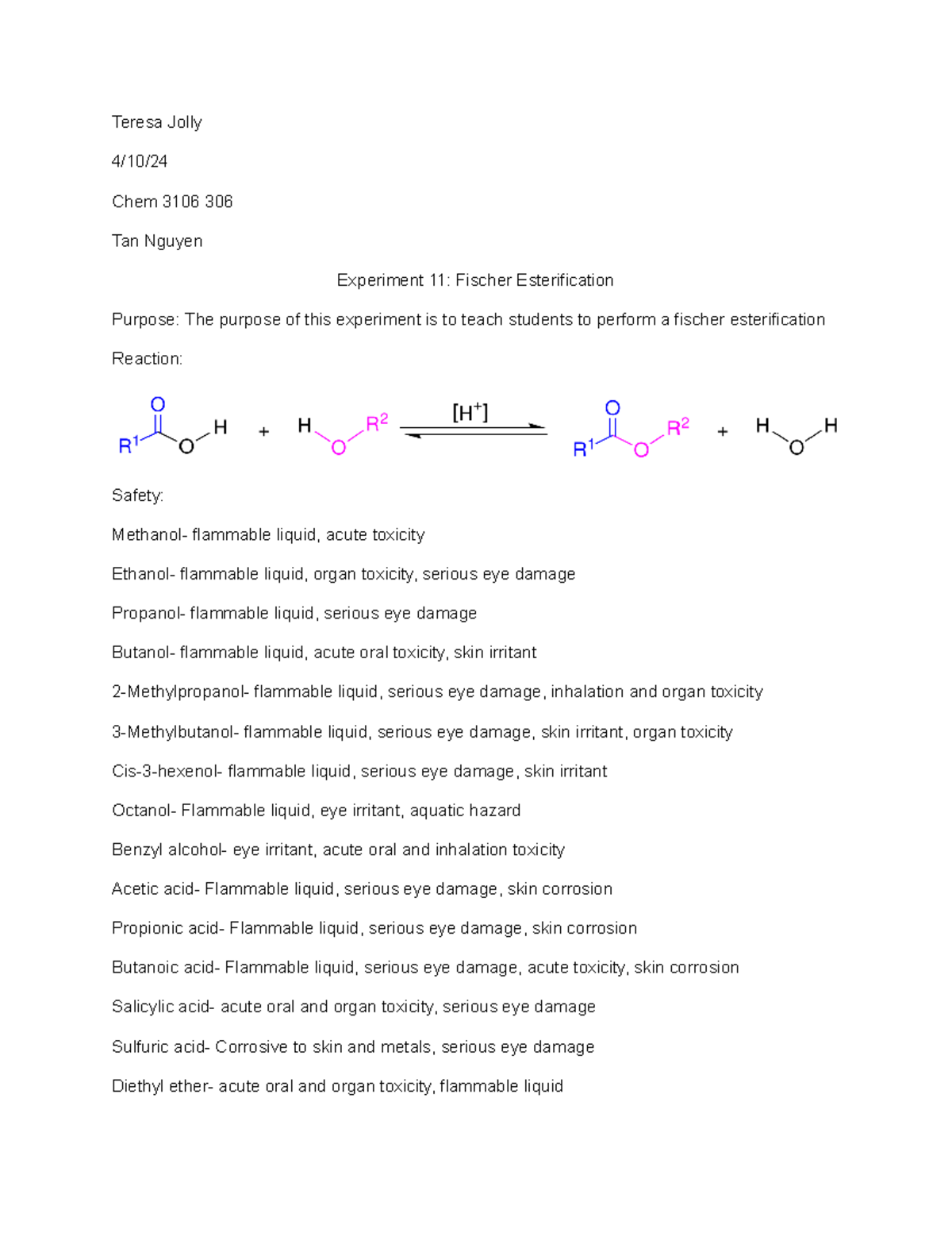 Chem 3106 Experiment 11: Fischer Esterification Procedure & Safety ...