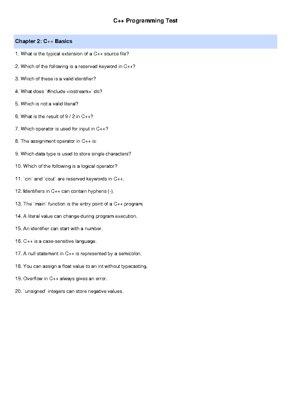 C++ Test Ch2 & Ch3: Basics and Control Statements Overview - Studocu
