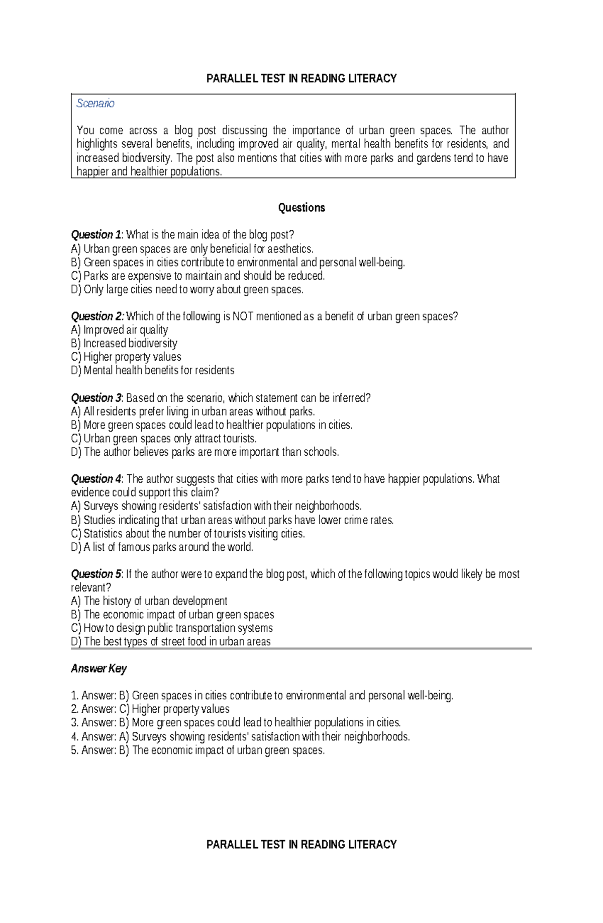 Parallel TEST IN Reading Literacy - PARALLEL TEST IN READING LITERACY ...