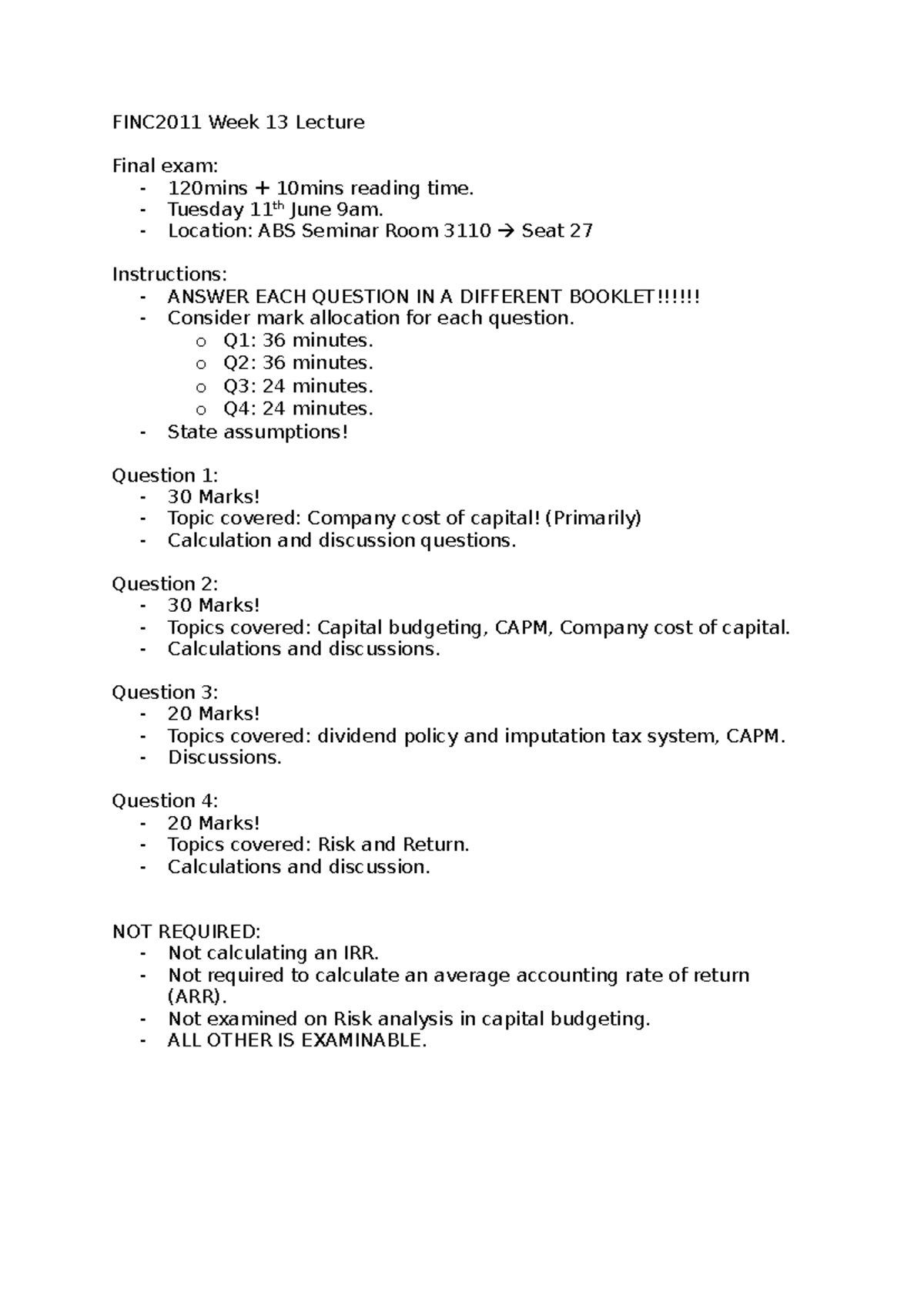FINC2011 Week 13 Lecture Final Exam Guidelines and Topics - Studocu