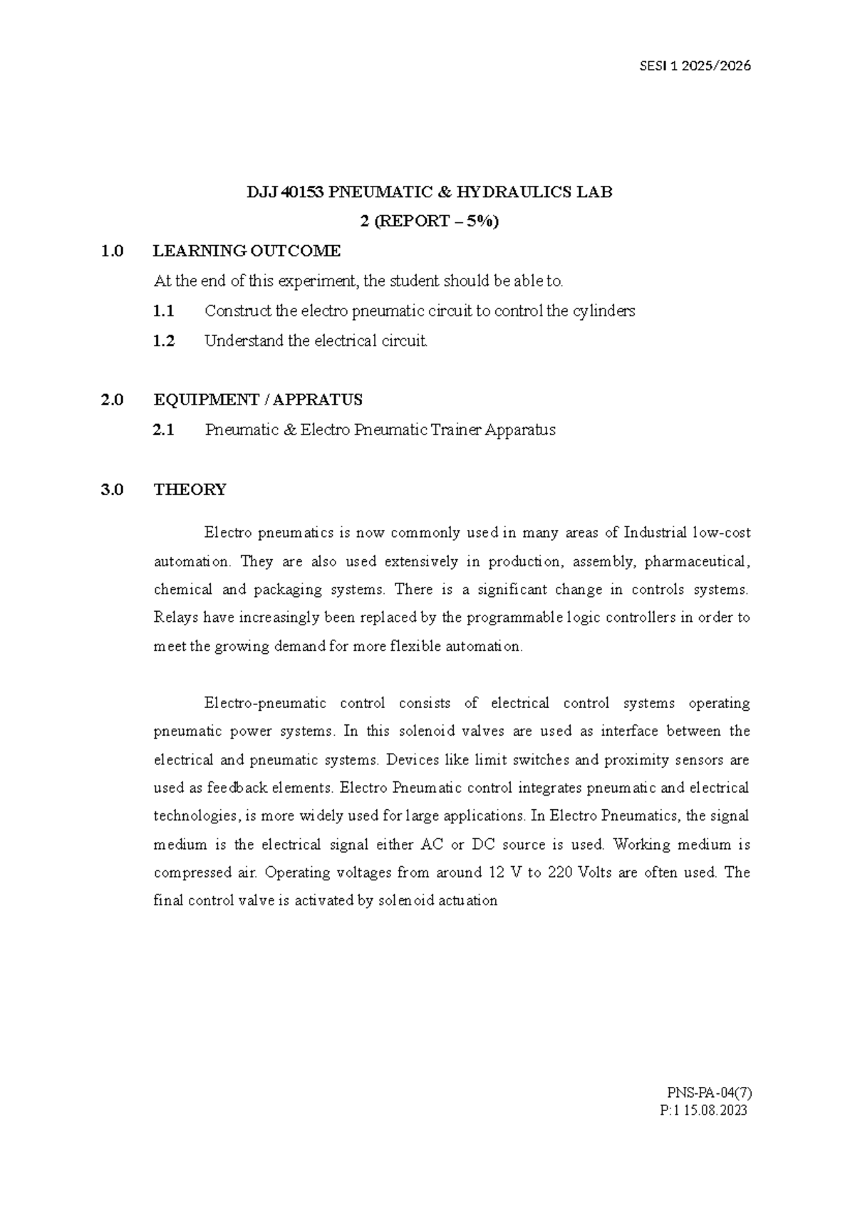 LAB 2 SESI 1 DJJ 40153 Electro Pneumatic Circuit Report - Studocu