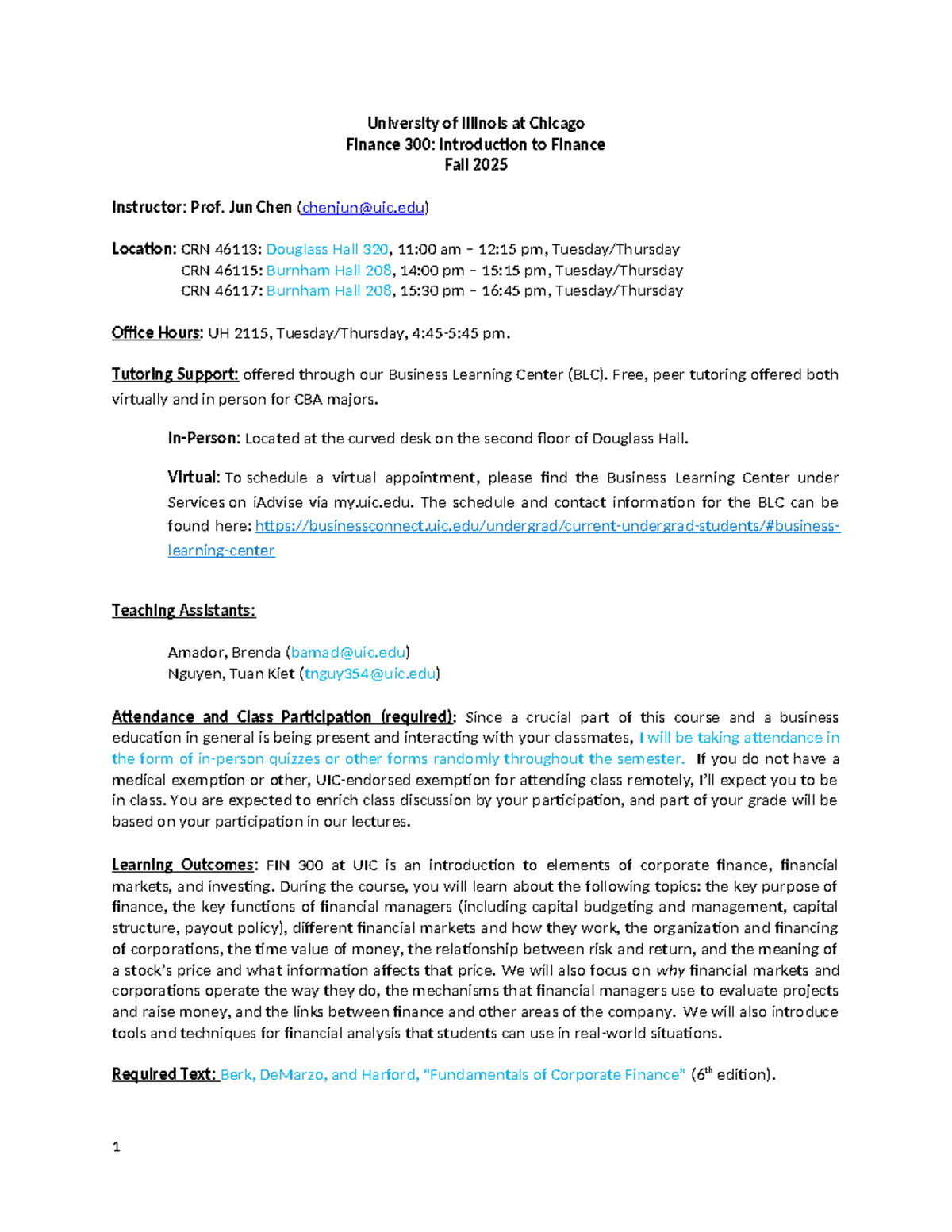 FIN 300 Syllabus: Introduction to Finance - Fall 2025 - Studocu