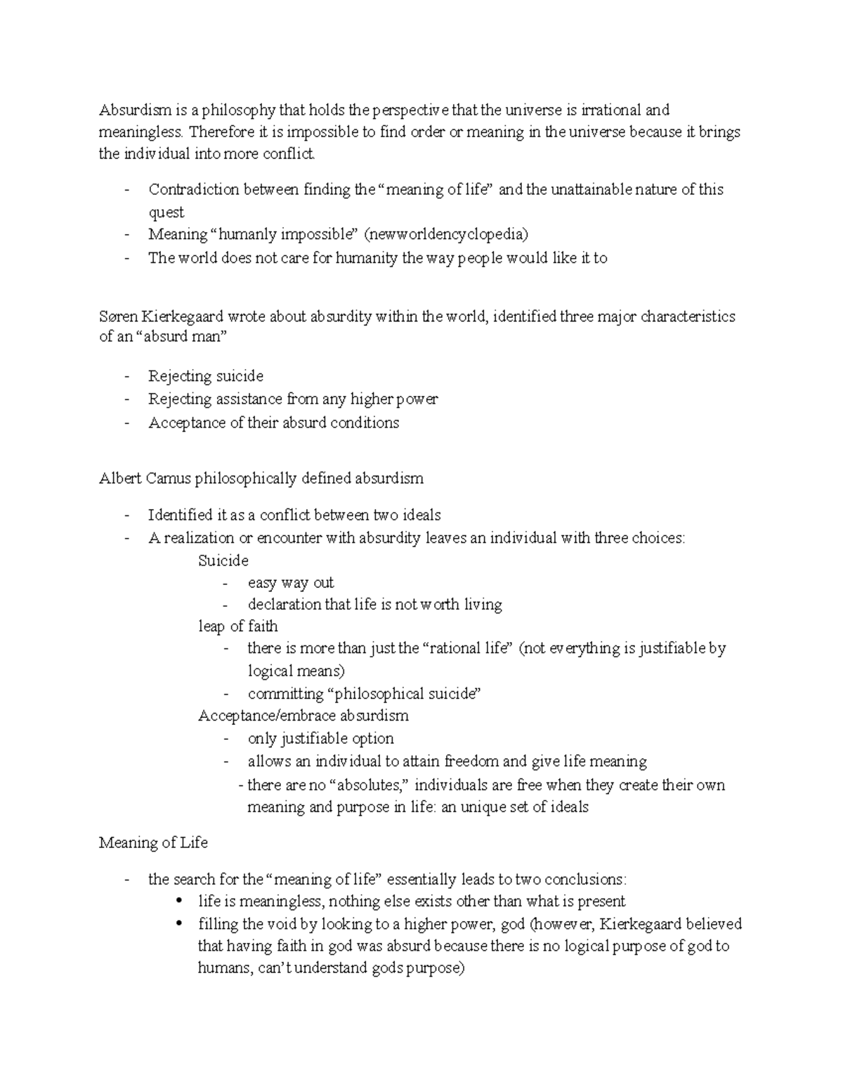 Absurdism Philosophy Notes: Exploring Meaning and Existence - Studocu