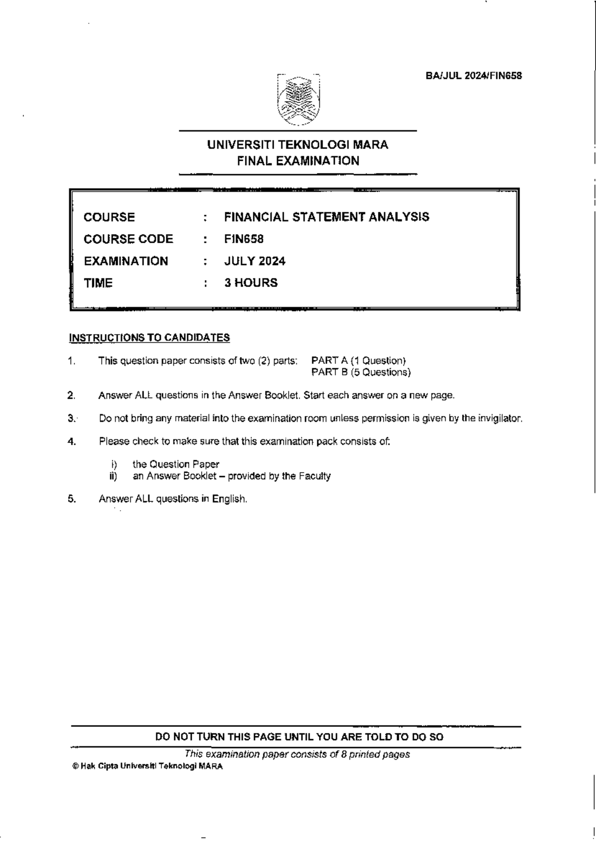 FIN658 Final Exam: Financial Statement Analysis - July 2024 - Studocu