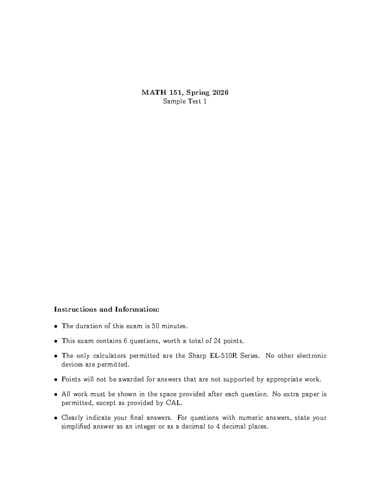 MATH 151 Spring 2026 Sample Test 1 Instructions and Questions - Studocu