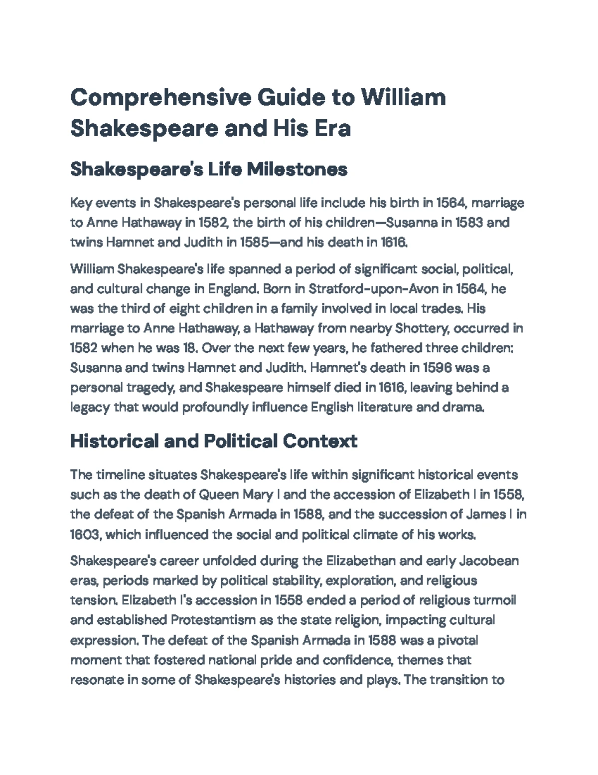 Shakespeare Timeline Overview: Key Events & Milestones - Studocu