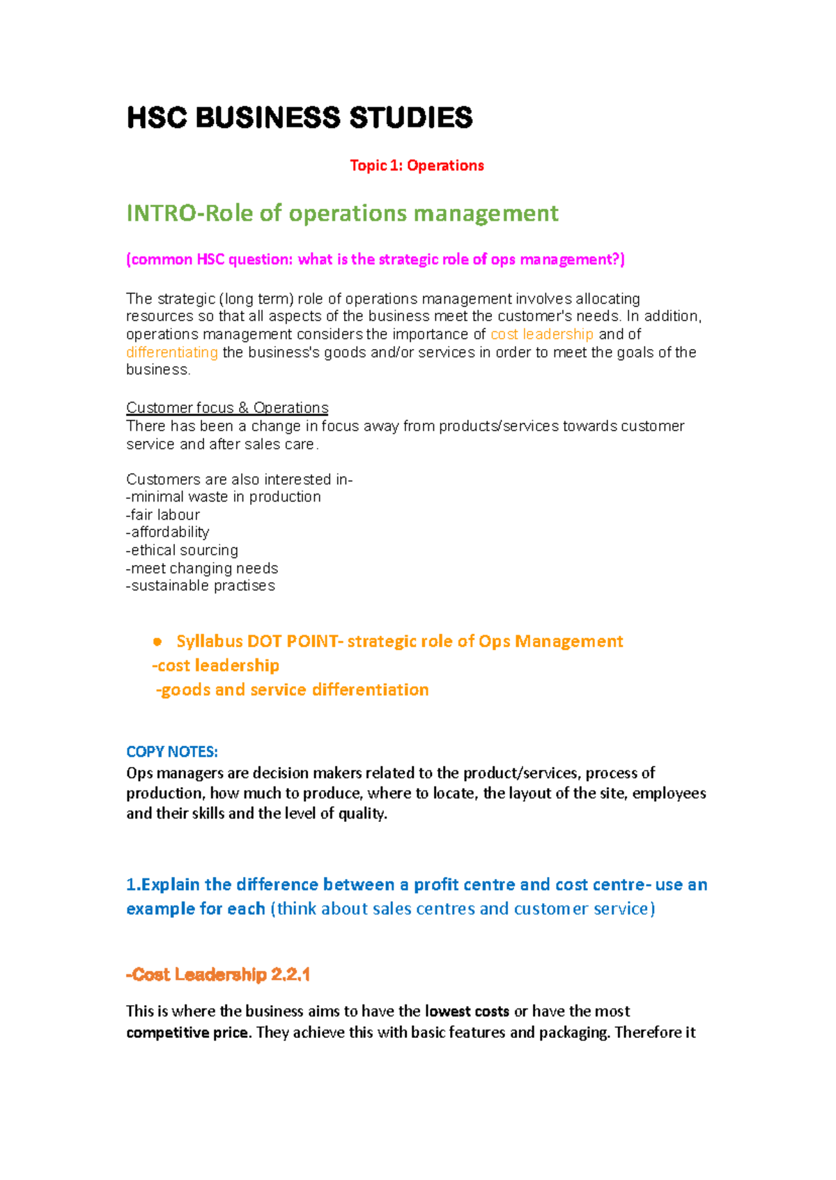 HSC BUSINESS STUDIES: Operations Management Overview and Key Concepts ...