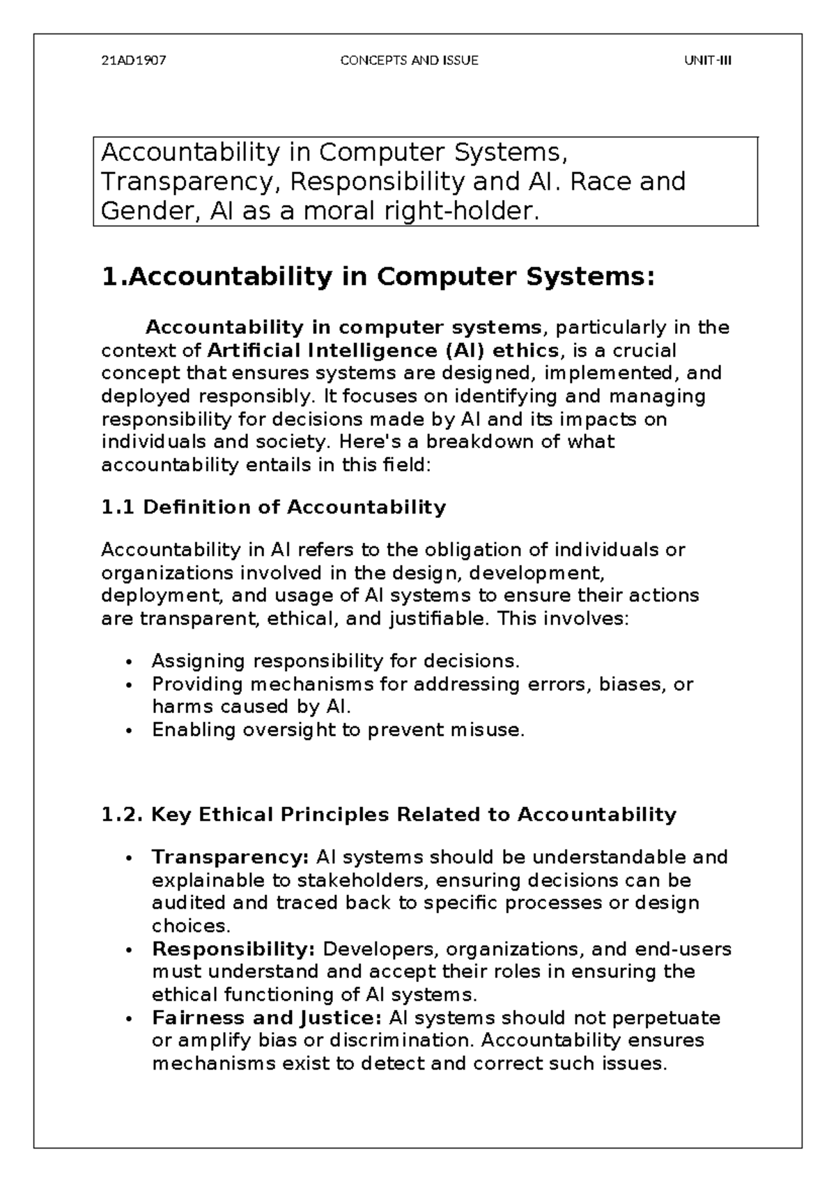 21AD1907 AI Ethics: Accountability, Transparency, and Responsibility in ...
