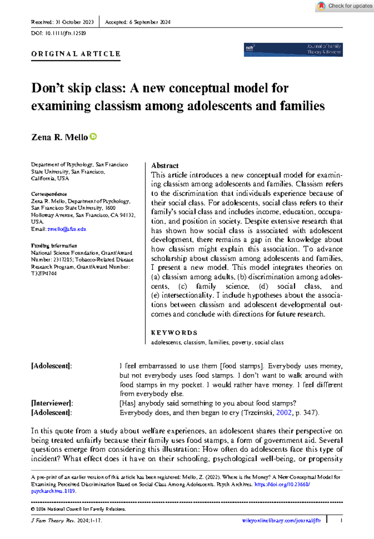 **PSY 301: Final Exam - A New Model for Understanding Classism in ...