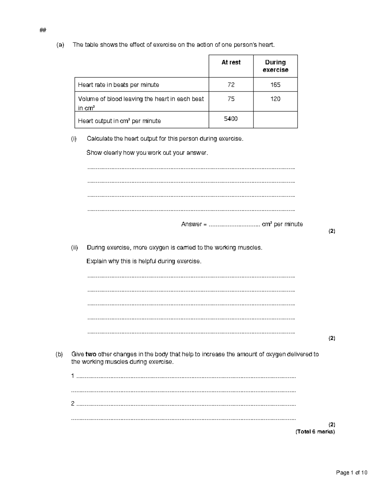 B2 - questions for B2 - (a) The table shows the effect of exercise on ...