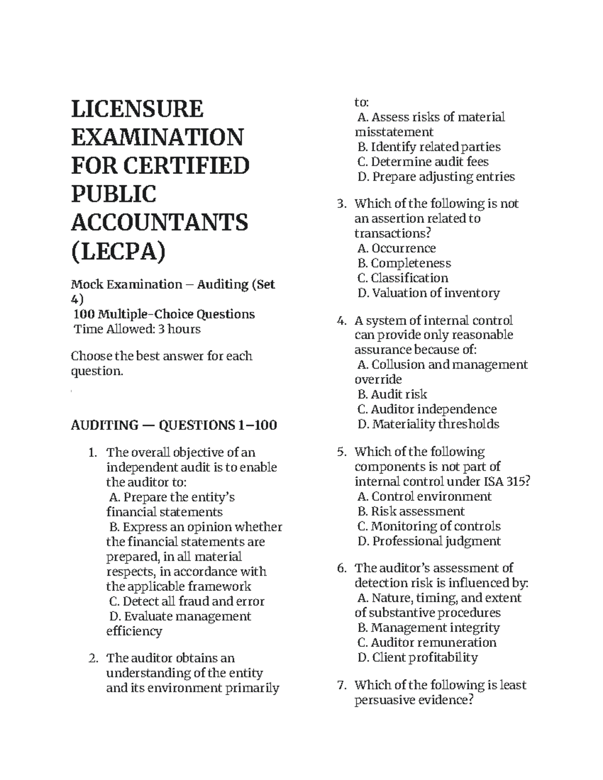 LECPA Mock Exam: Auditing Questions Set 4 (100 Questions) - Studocu