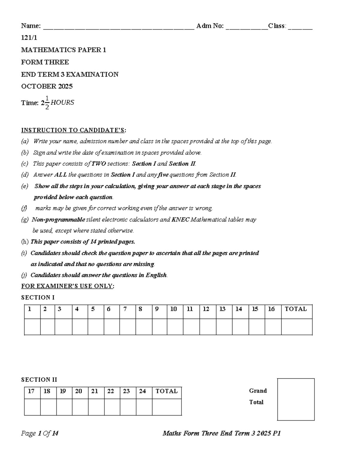 Mathematics F3 End Term 3 Exam Paper 1 - October 2025 - Studocu