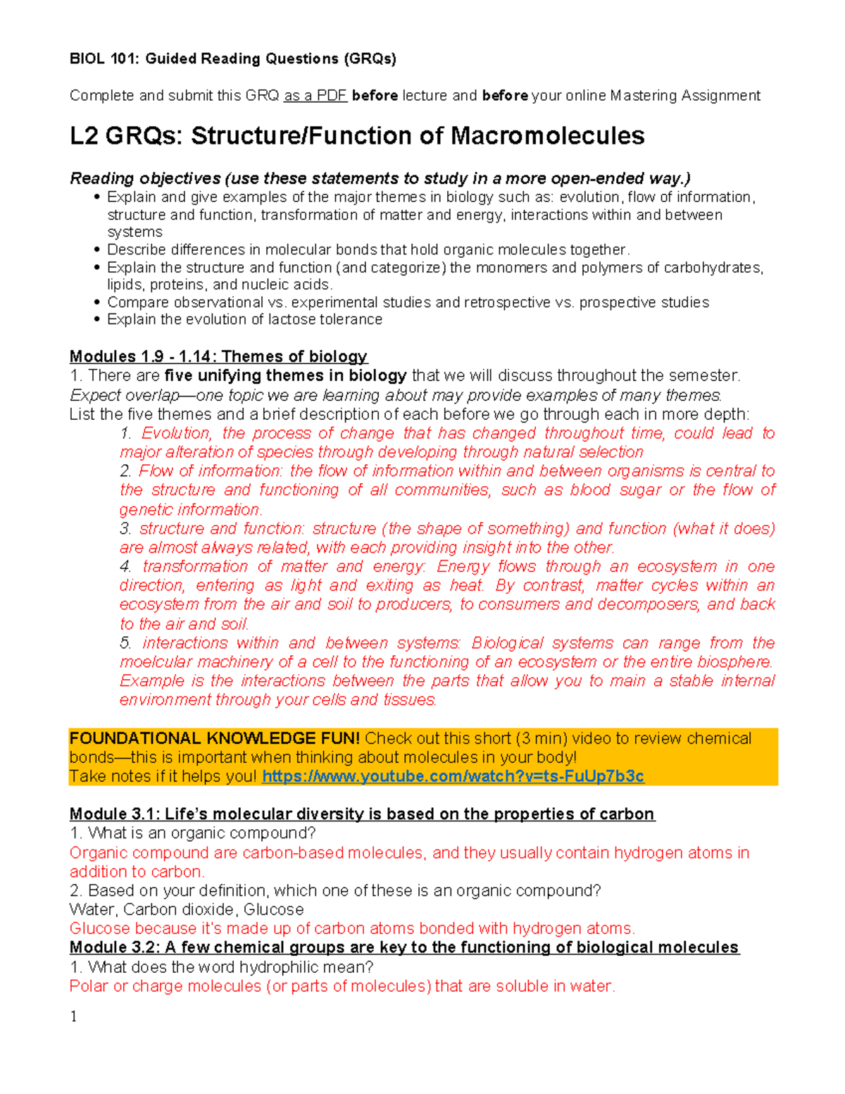 Lesson 2 GRQs Structure and Function of Macromolecules - Complete and ...