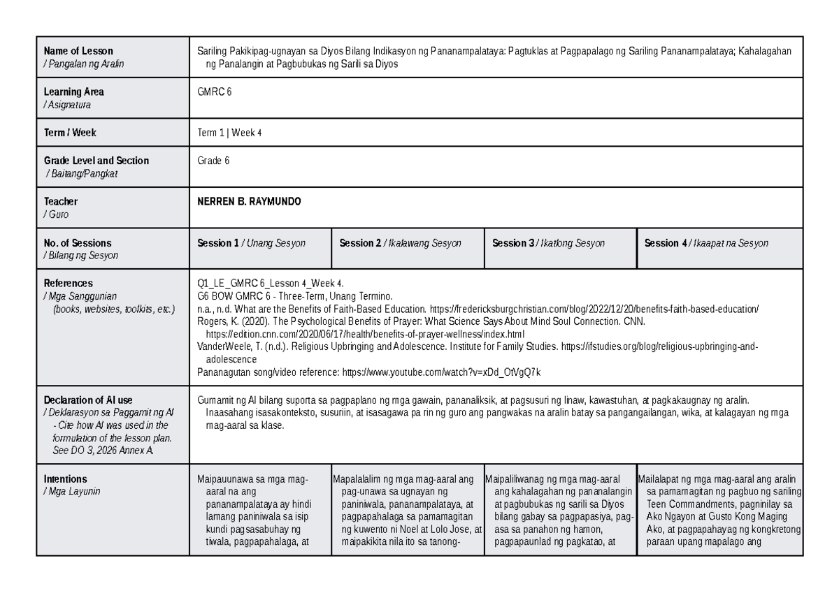 DLL GMRC 6 T1 W4: Pagsasabuhay ng Pananampalataya at Panalangin - Document Preview