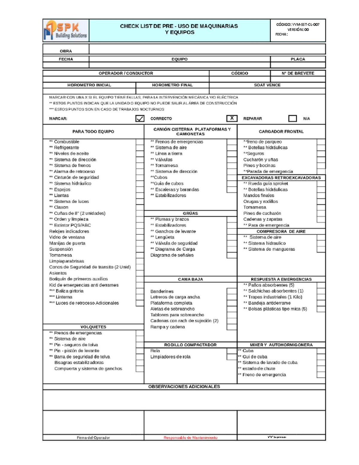 SPK CÓDIGO: CHECKLIST DE PRE USO DE MAQUINARIAS VERSIÓN 00 - Studocu