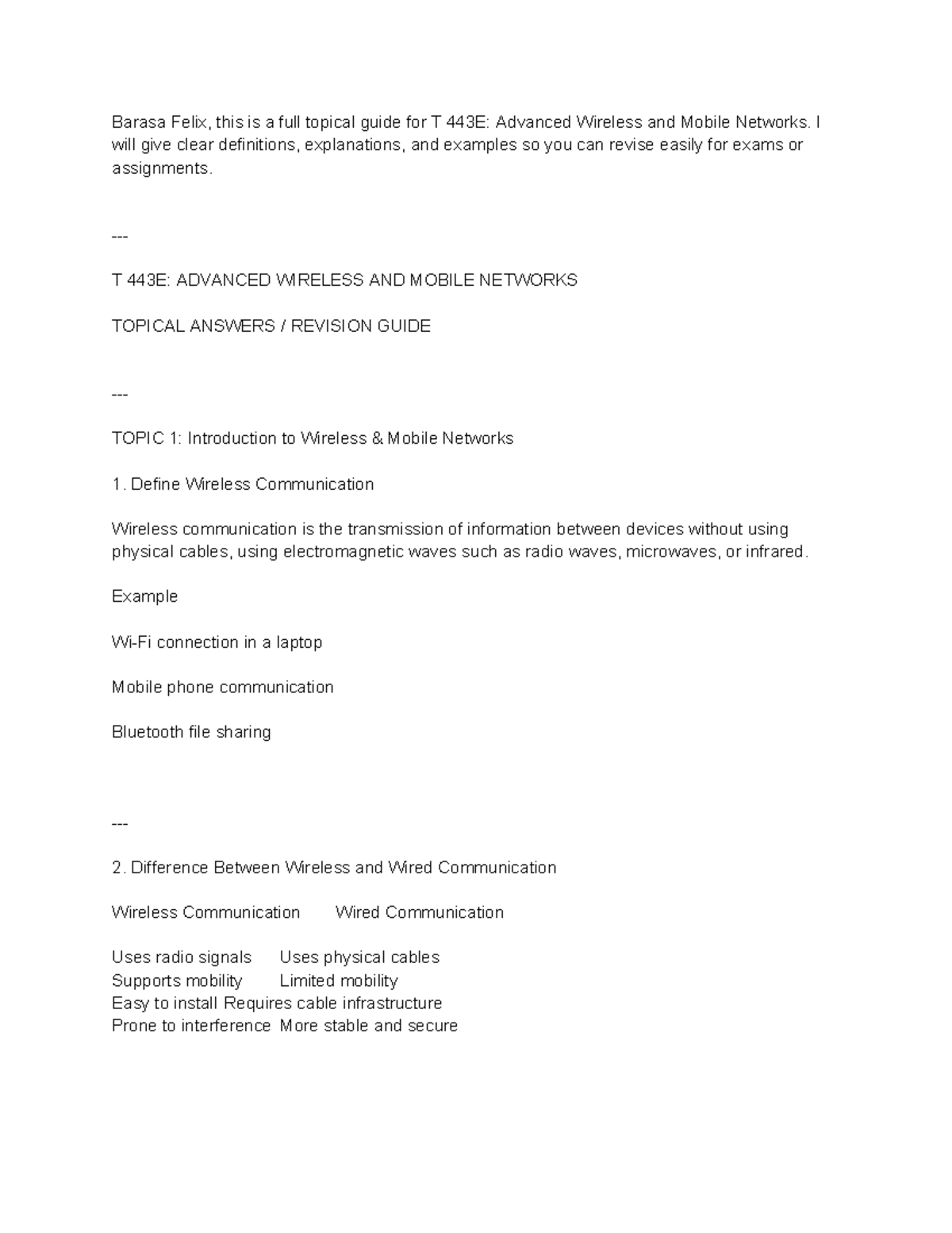 Topical Guide for T 443E: Advanced Wireless & Mobile Networks - Studocu