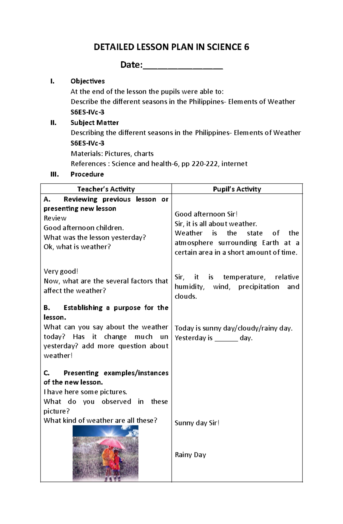 Detailed Lesson Plan in Science 6: Understanding Weather Elements - Studocu