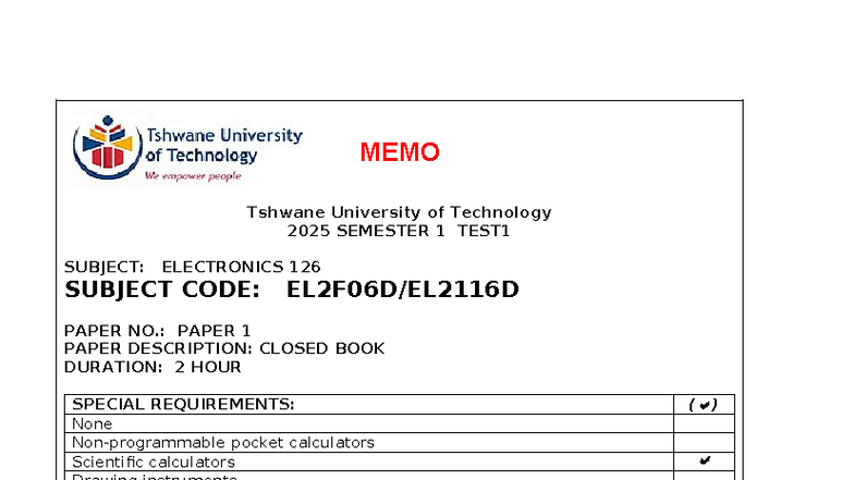 Electronics 126 - Test 1 Memo - Tshwane University of Technology - Studocu