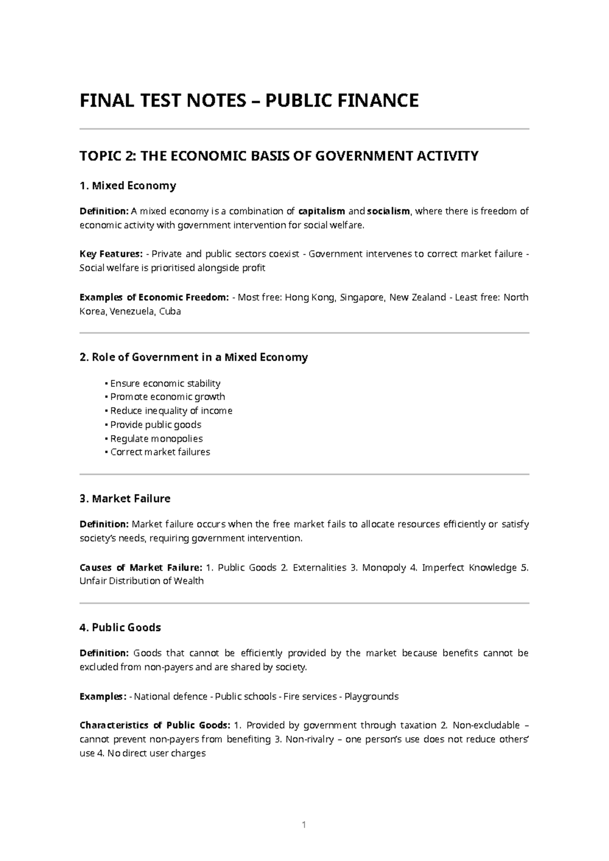 FINAL EXAM NOTES: PUBLIC FINANCE - TOPIC 2 & 7 OVERVIEW - Studocu