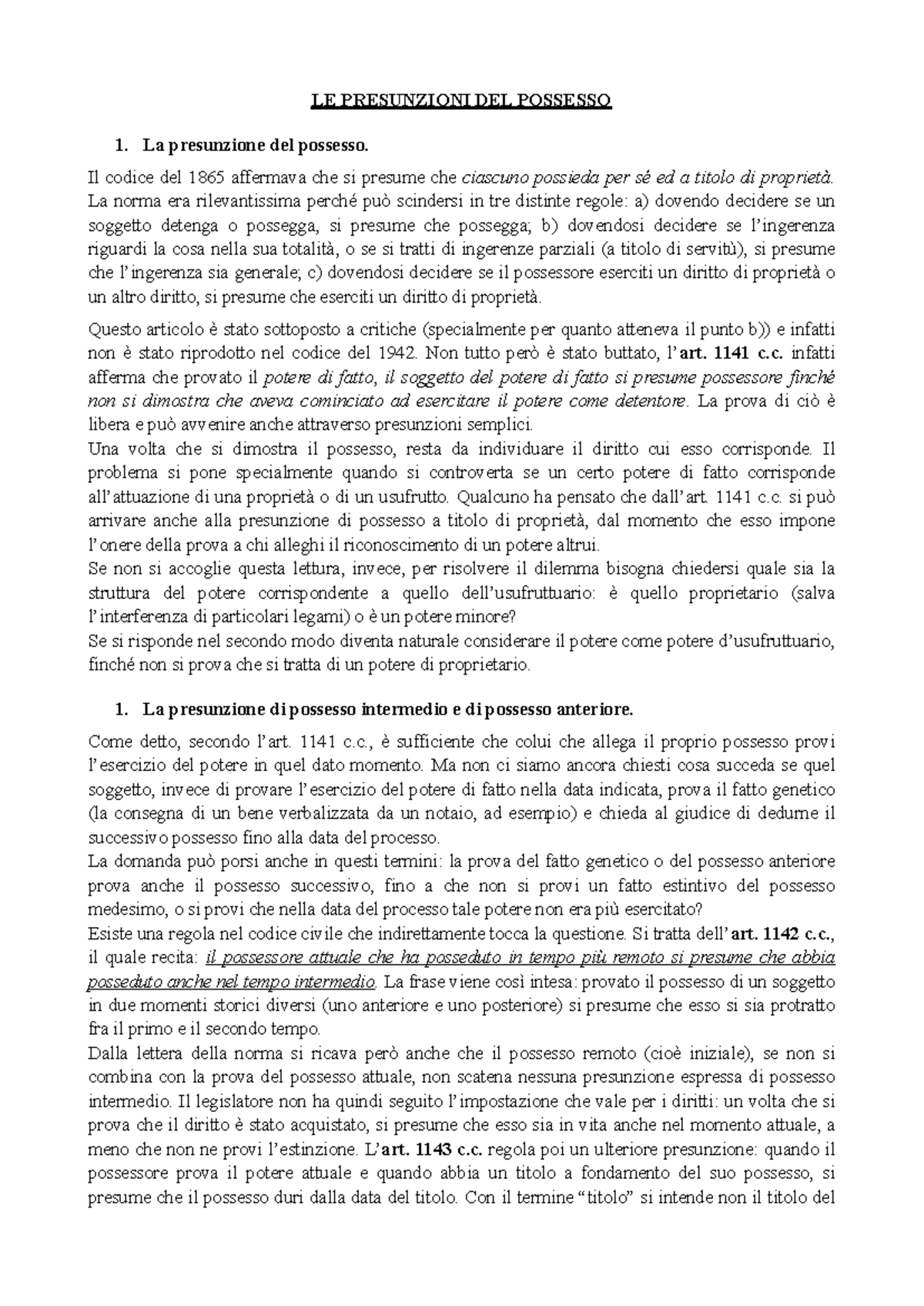 Schema sulle Presunzioni del Possesso - Analisi e Riflessioni - Studocu