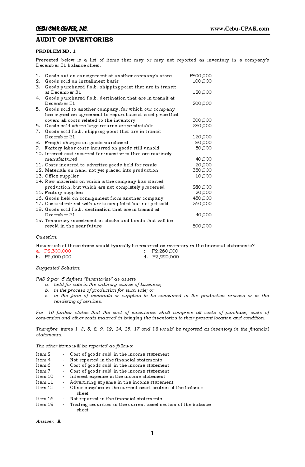 Audit of Inventories Problems (ACCT 301) with Suggested Solutions - Document Preview