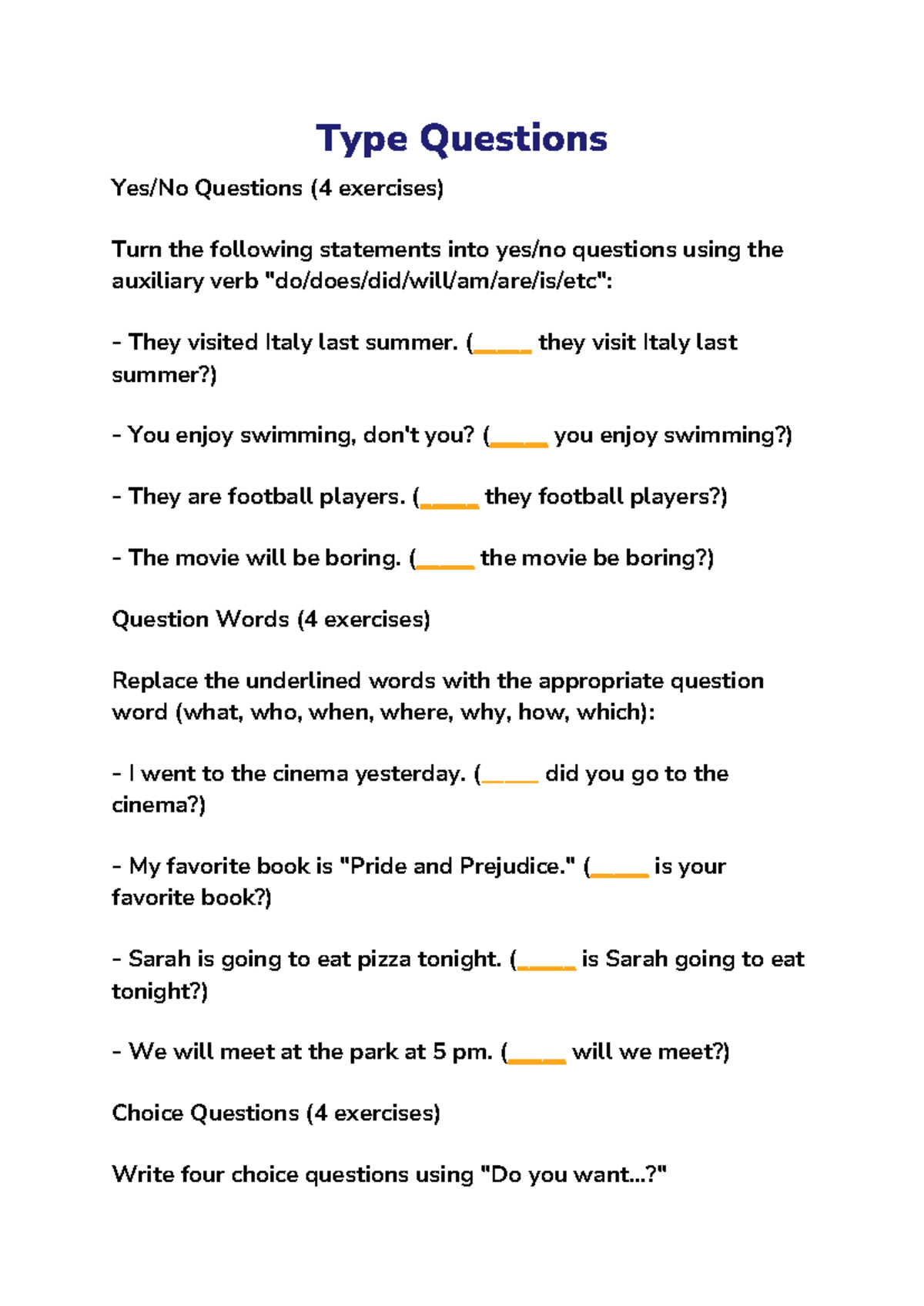 Type Questions Exercise: Transform Statements into Questions - Studocu