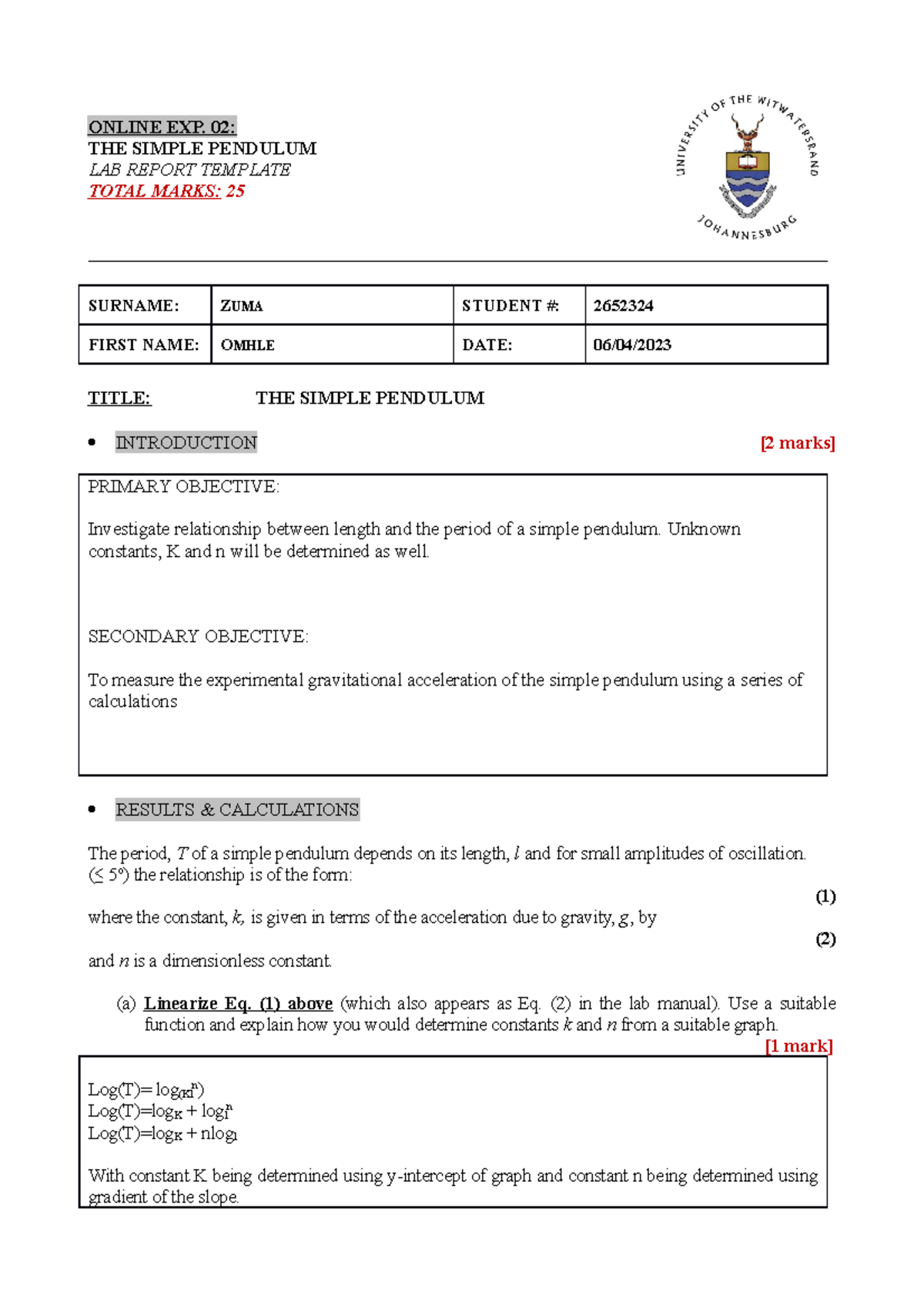 Online Exp02 - Simple Pendulum Lab Report by Omhle Zuma - 2652324 - Studocu