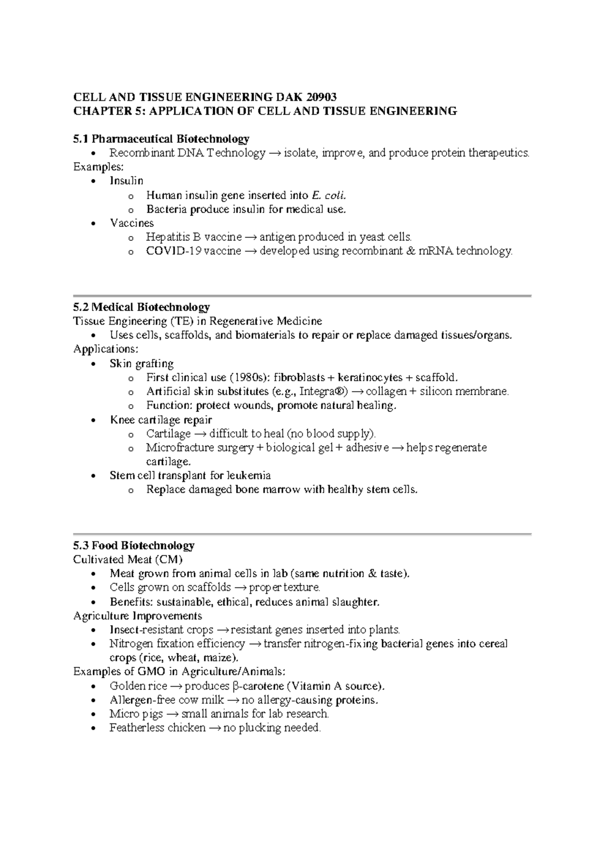 CELL AND TISSUE ENGINEERING DAK 20903 CHAPTER 5: APPLICATIONS IN ...